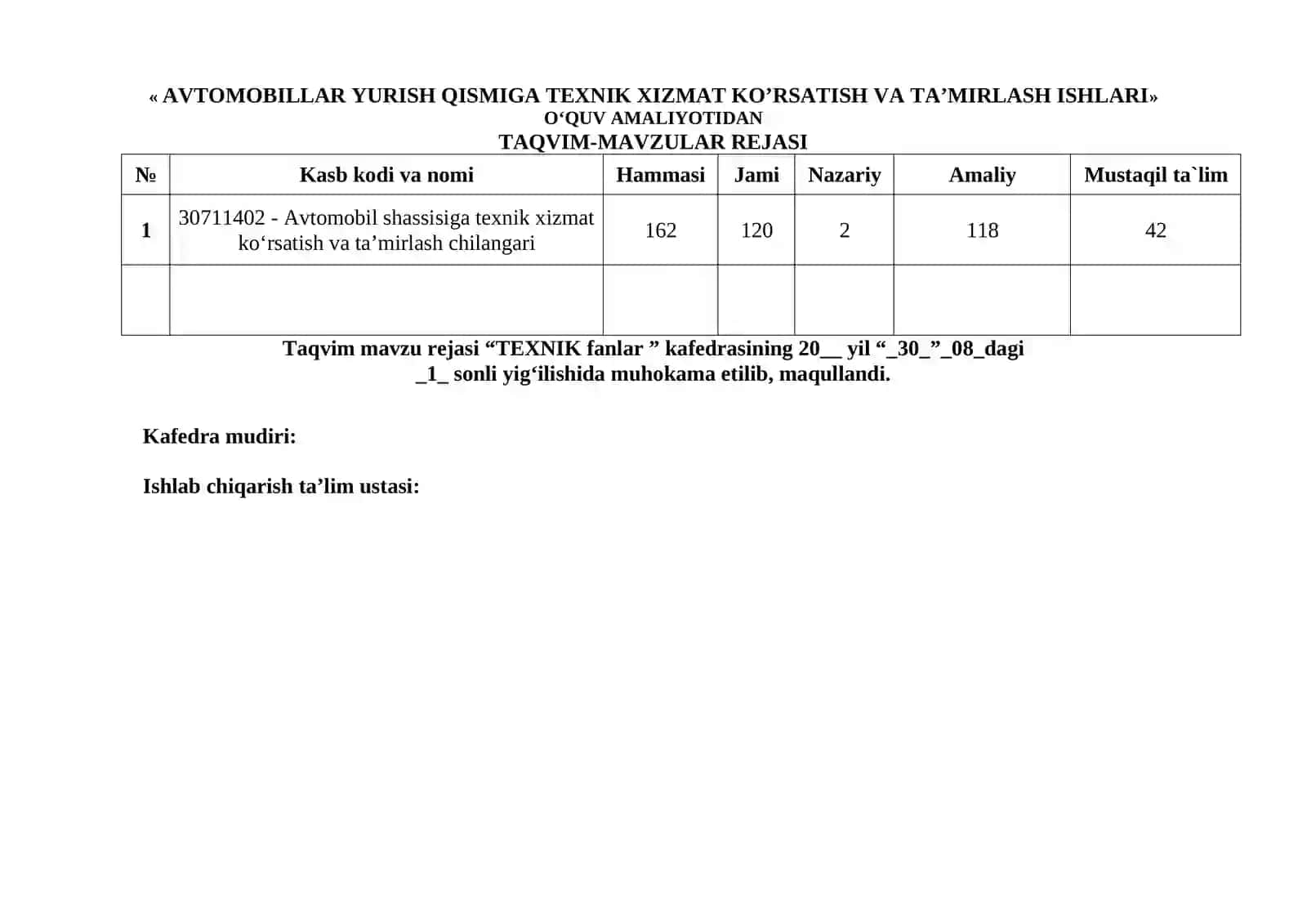 AVTOMOBILLAR YURISH QISMIGA TEXNIK XIZMAT KO‘RSATISH VA TA’MIRLASH ISHLARI O‘QUV AMALIYOTIDAN O‘QITISH MATERIALLARI 4