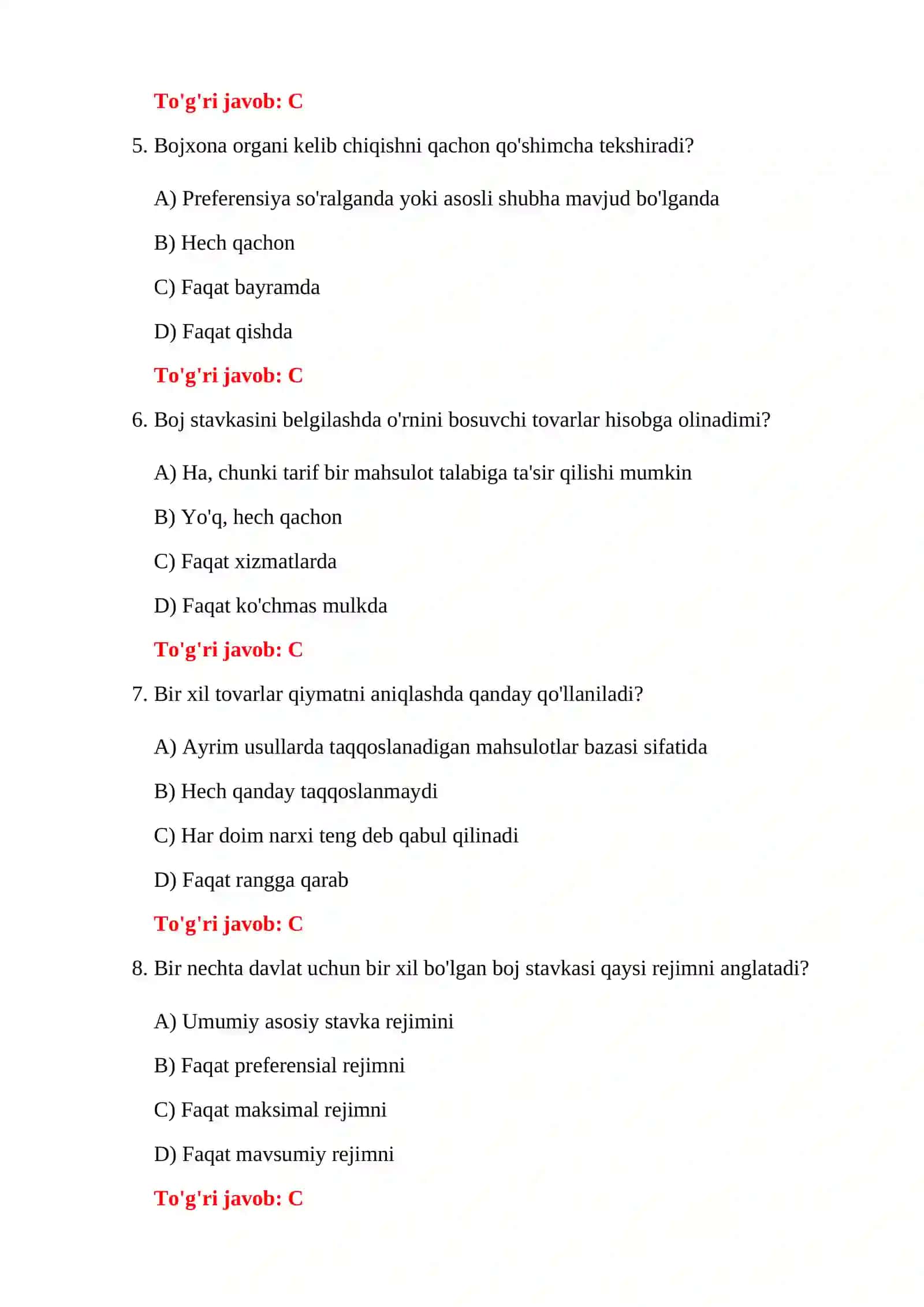 BOJXONA TARIF TIZIMI TESTLARI 4