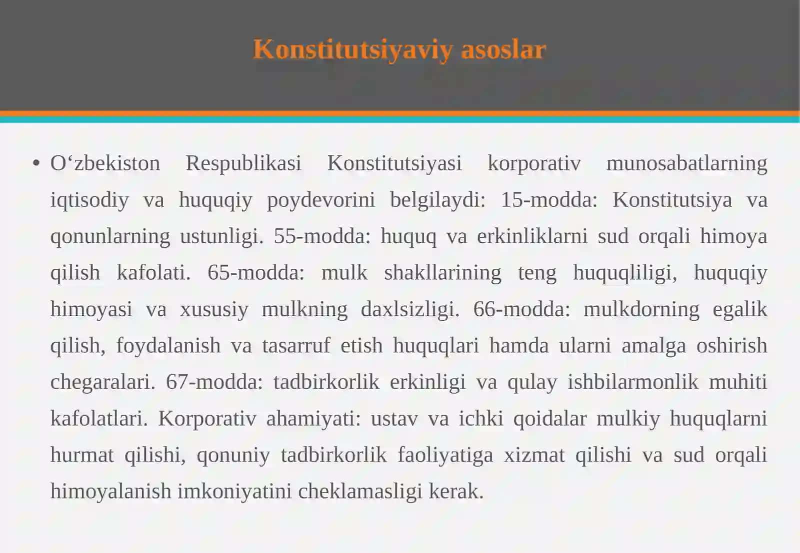 Korporativ boshqaruv tamoyillari va ichki hujjatlar:ustav, umumiy gi'ilish reglamenti va boshqa ichki hujjatlar 4