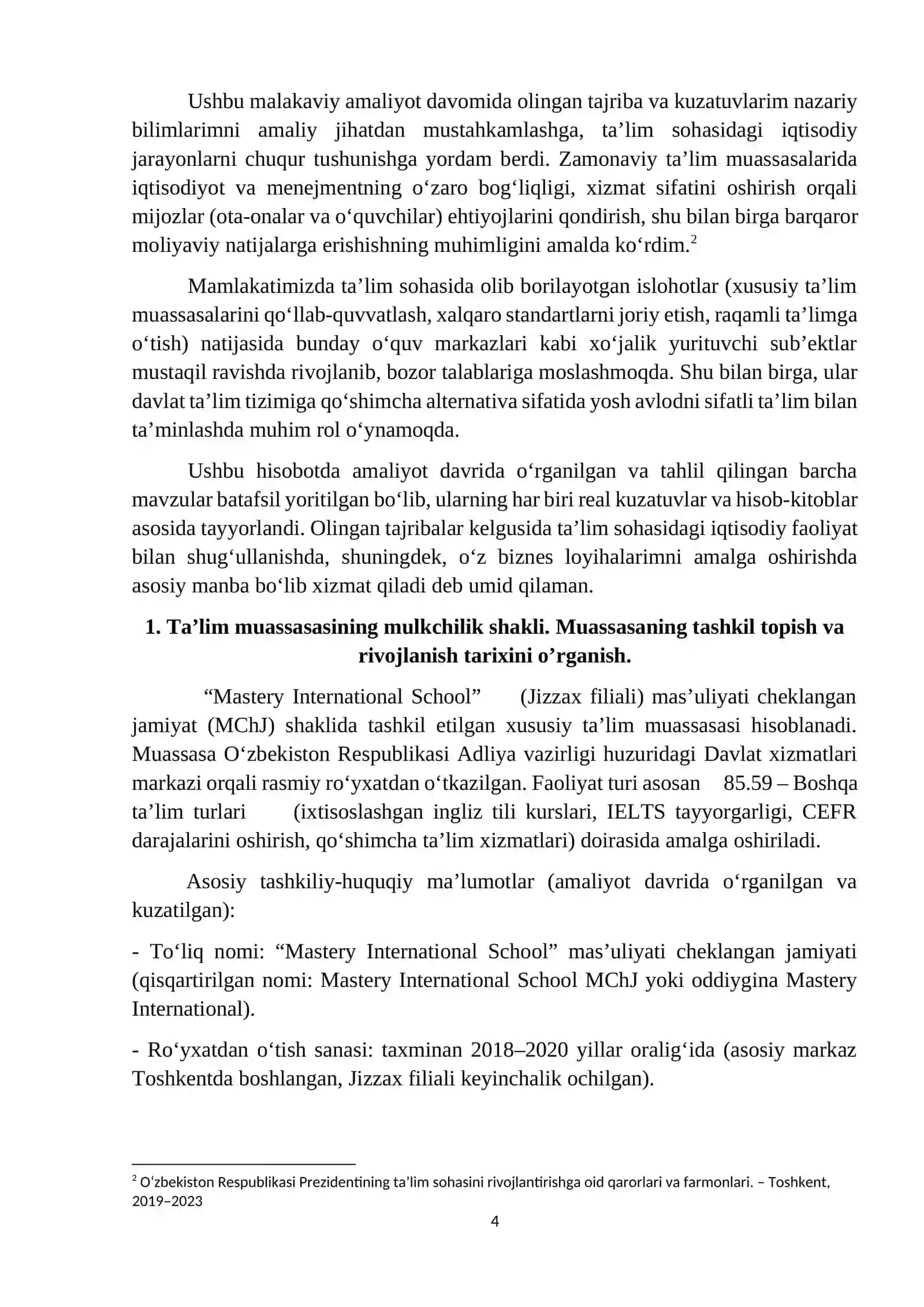 AMALIYOT HISOBOTI. Mastery International School. maktabi boʻyicha 4