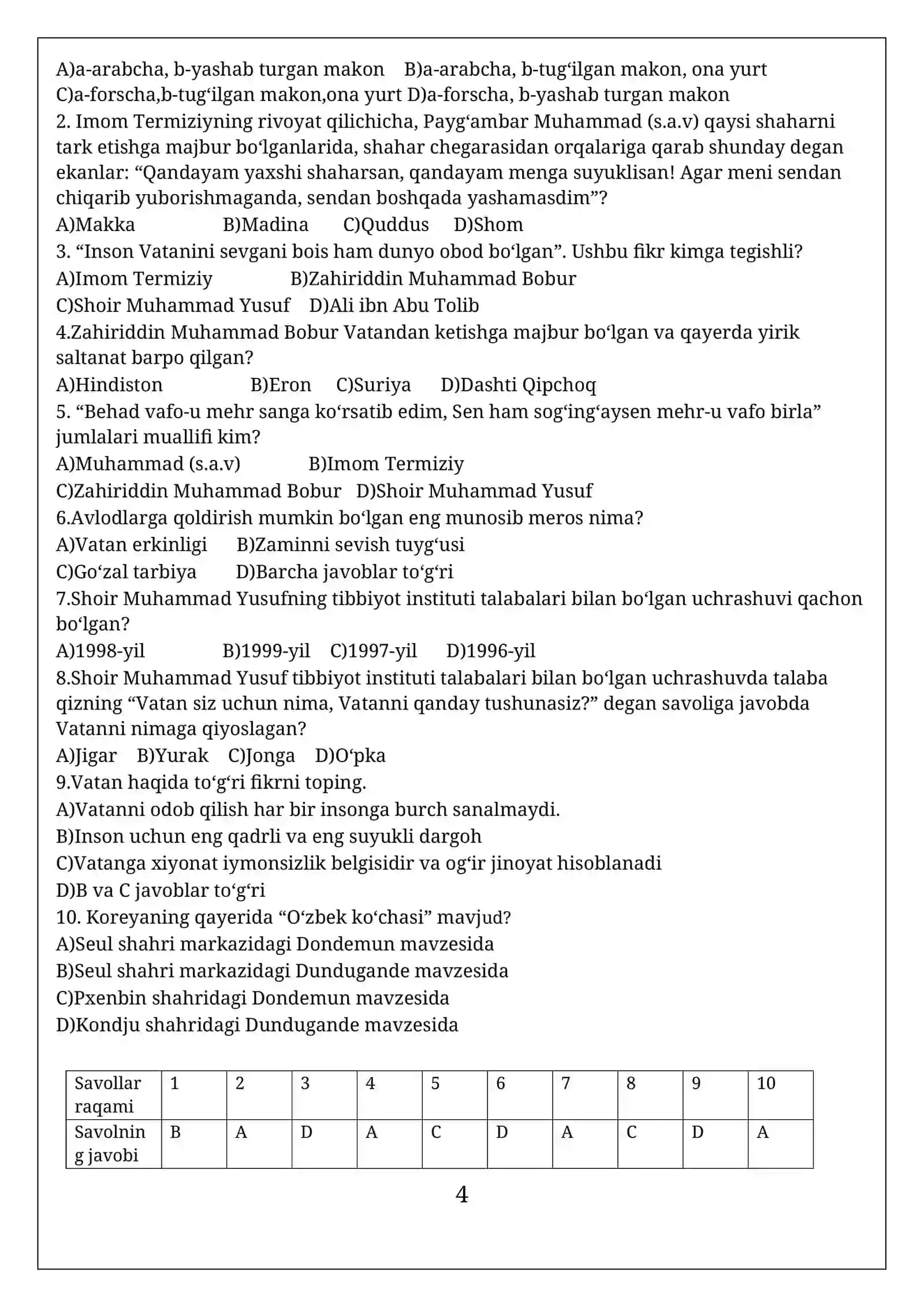 9-sinf Tarbiya 2020 darsligi bo'yicha testlar to'plami. Kalitlari bilan. 4