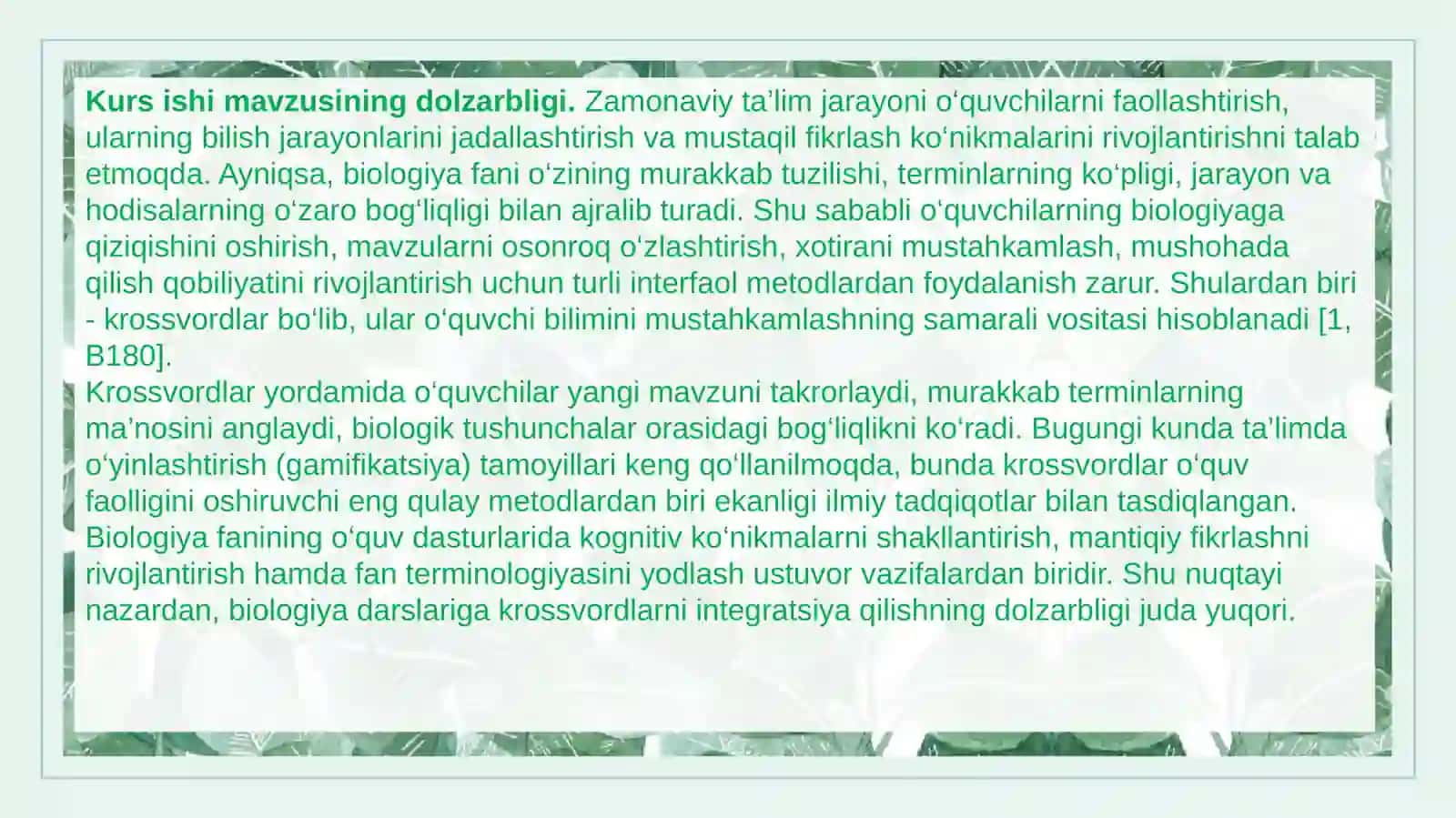 NURMAMATOVANAZIRANING BIOLOGIYA O‘QITISH METODIKASI TAQDIMOTI 4