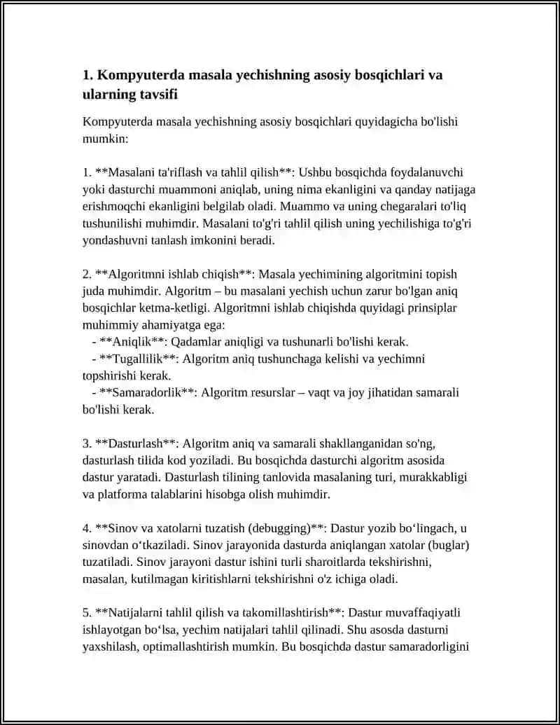 KOMPYUTERDA MASALA YECHISHNING ASOSIY BOSQICHLARI.ALGORITMLAR VA TIBBIYOTDA MASALALARNI YECHISHDA OBYEKTGA QARATILGAN DASTURLASH TILLARI 4