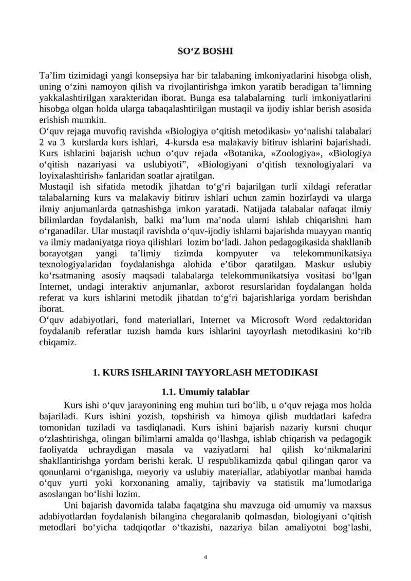 Biologiya o‘qitish metodikasi ta’lim yo‘nalishi o‘quv rejasi va o‘quv dasturi 4