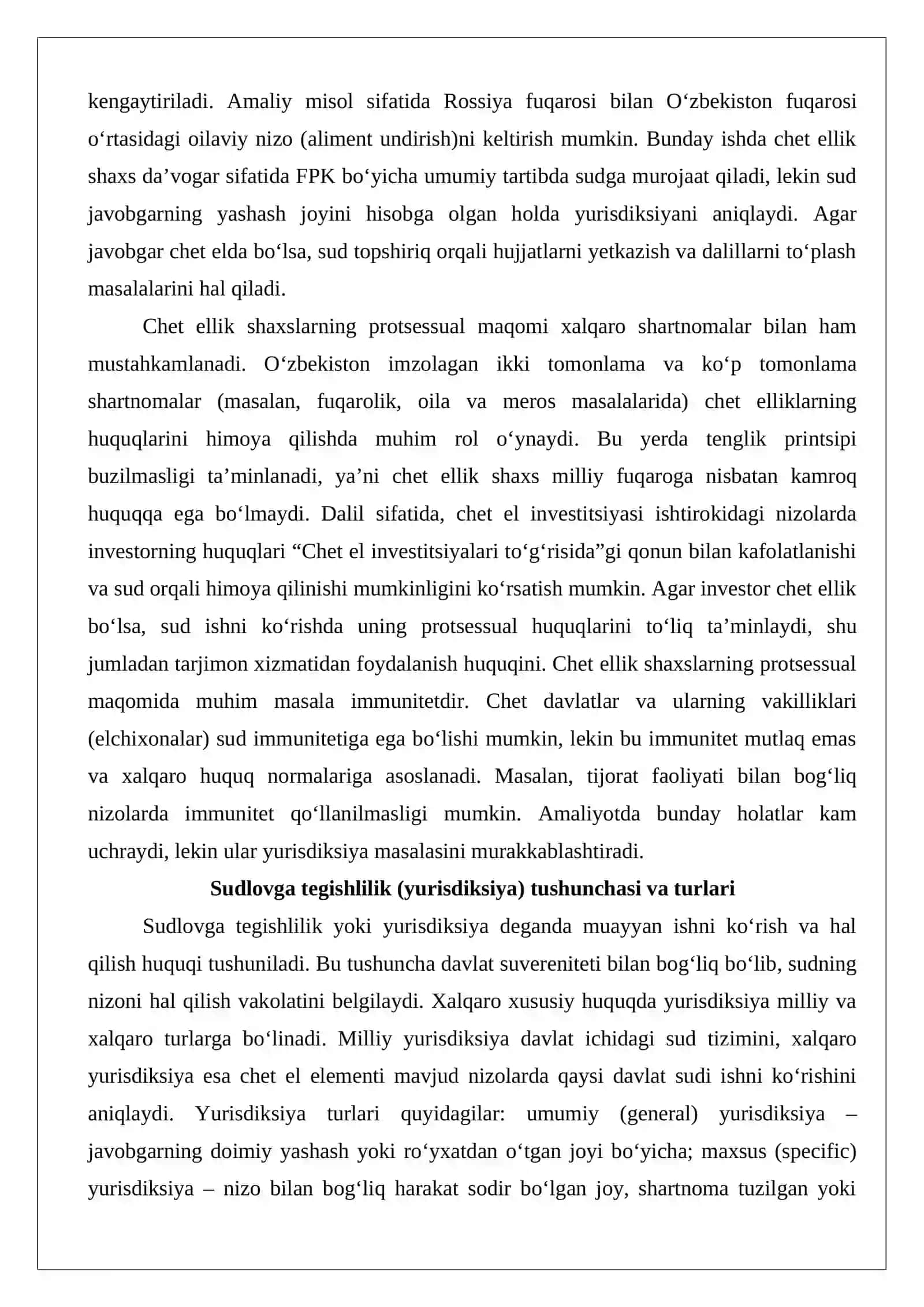 Chet ellik shaxslar ishtirokidagi ishlarni ko‘rishda sudlovga tegishlilik masalalari. Chet davlat sudlarining sudga doir topshiriqlarini ijro etish tartibi 4