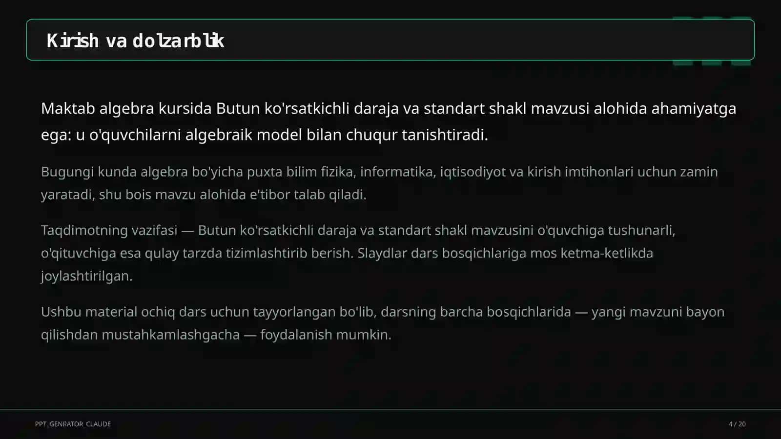 Butun ko'rsatkichli daraja va standart shakl (8-sinf) 4