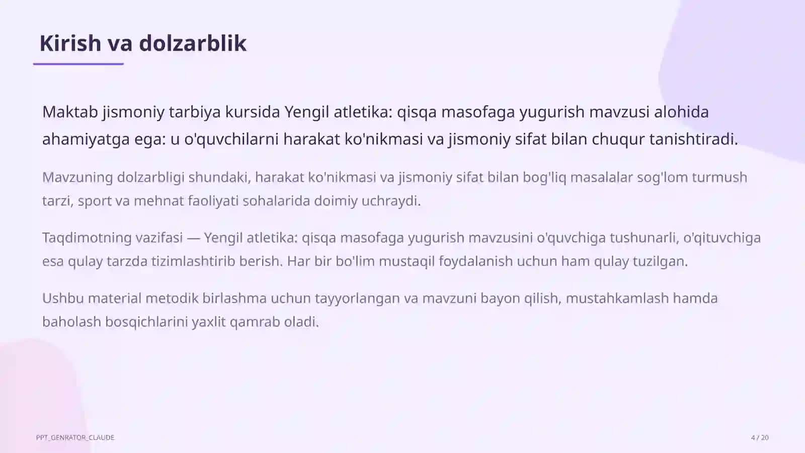 Yengil atletika: qisqa masofaga yugurish (4-sinf) 4