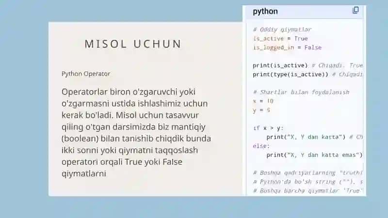 PYTHON DASTURLASH TILIDA TRUE VA FALSE QIYMATLARI 4