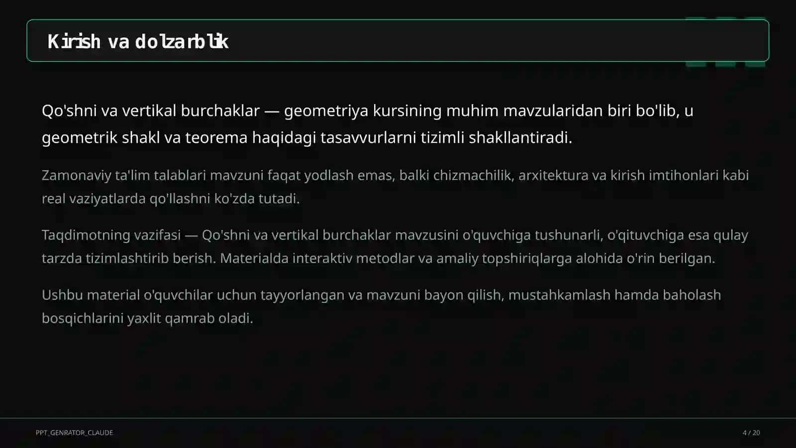 Qo'shni va vertikal burchaklar (7-sinf) 4