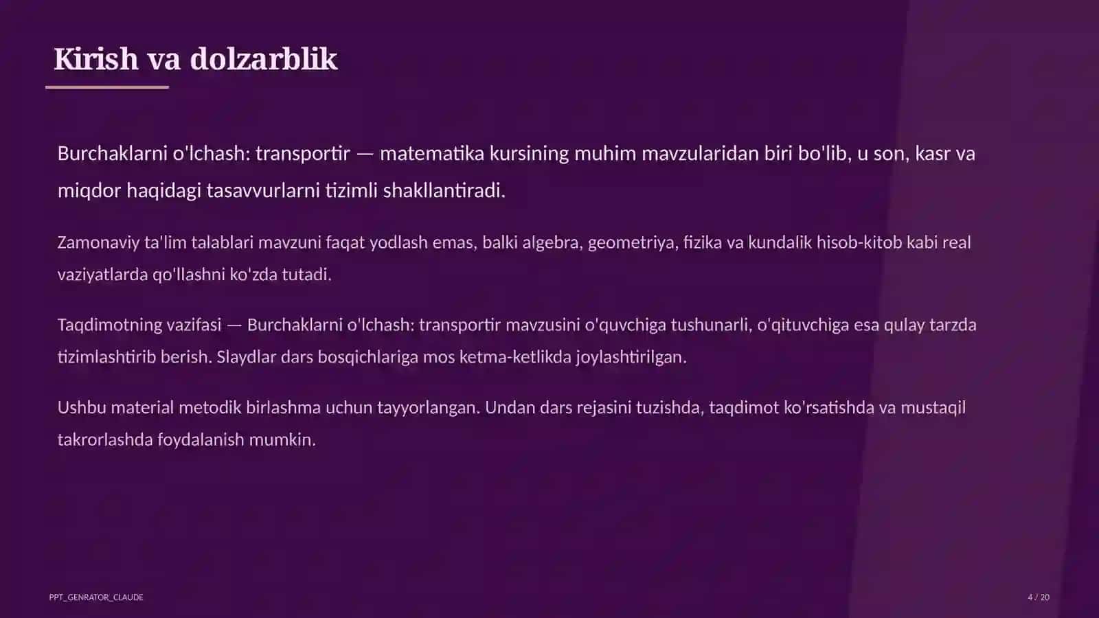 Burchaklarni o'lchash: transportir (5-sinf) 4