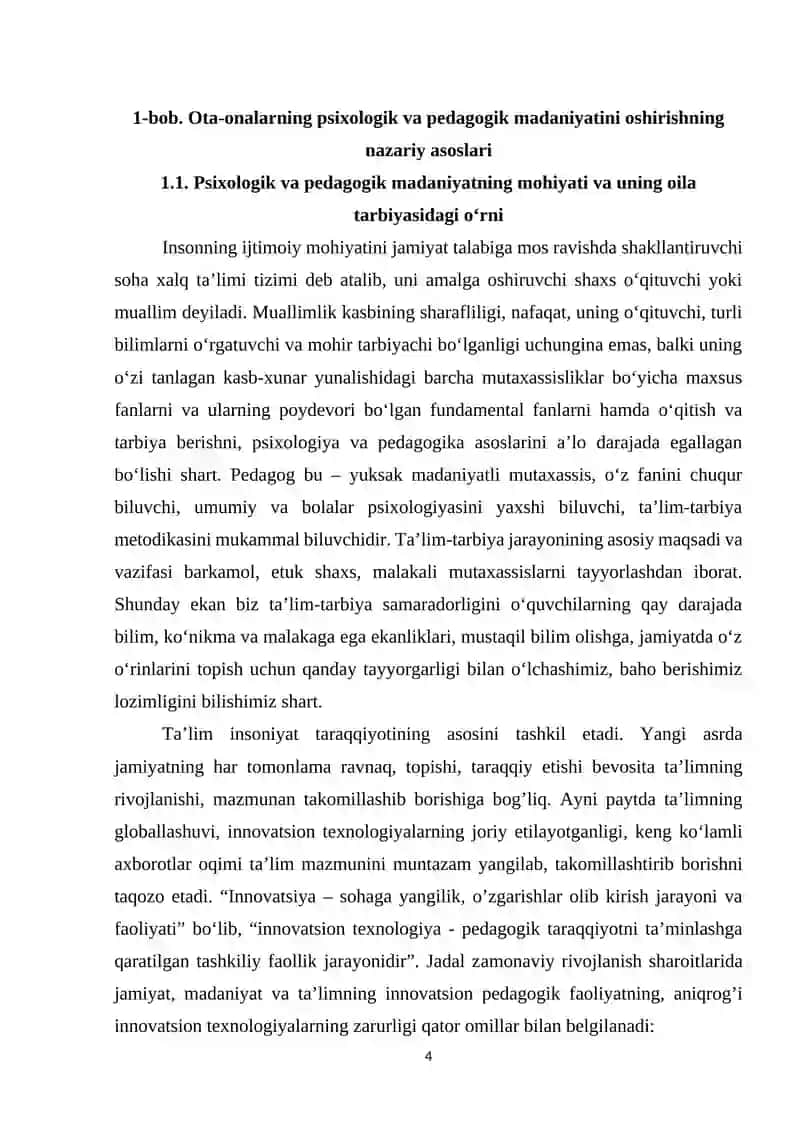 O‘quvchilarning ota-onalarining psixologik va pedagogik madaniyatini oshirish bo‘yicha sinf rahbarlarining faoliyati 4