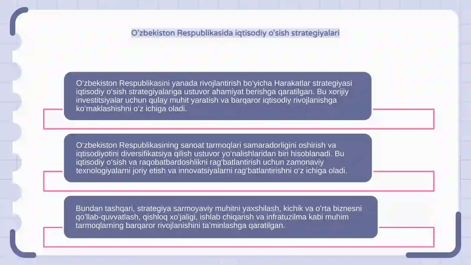 Oʻzbekiston Respublikasini yanada rivojlantirish boʻyicha harakatlar  stetegiyasi va uni ustuvor yoʻnalishi 4