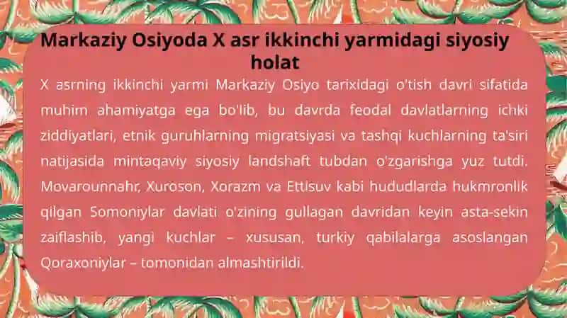 Markaziy Osiyoda X-asrikkinci yarmidagi siyosiy jarayonlar 4