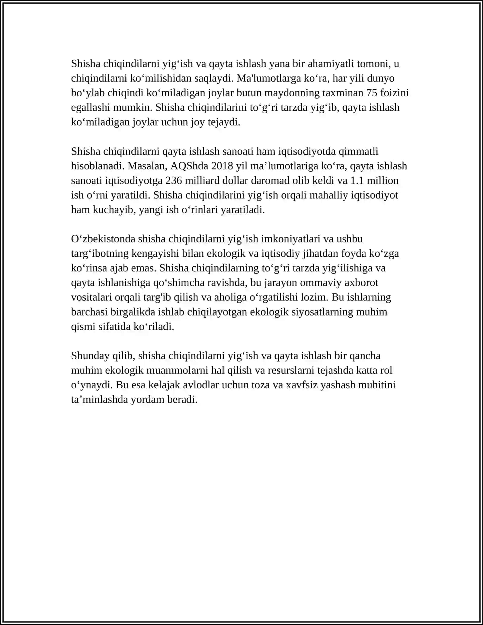 SHISHA CHIQINDILARNI YIGʻISH VA QAYTA ISHLASH MAVZUSIDA MUSTAQIL ISH 20BETLIK 4