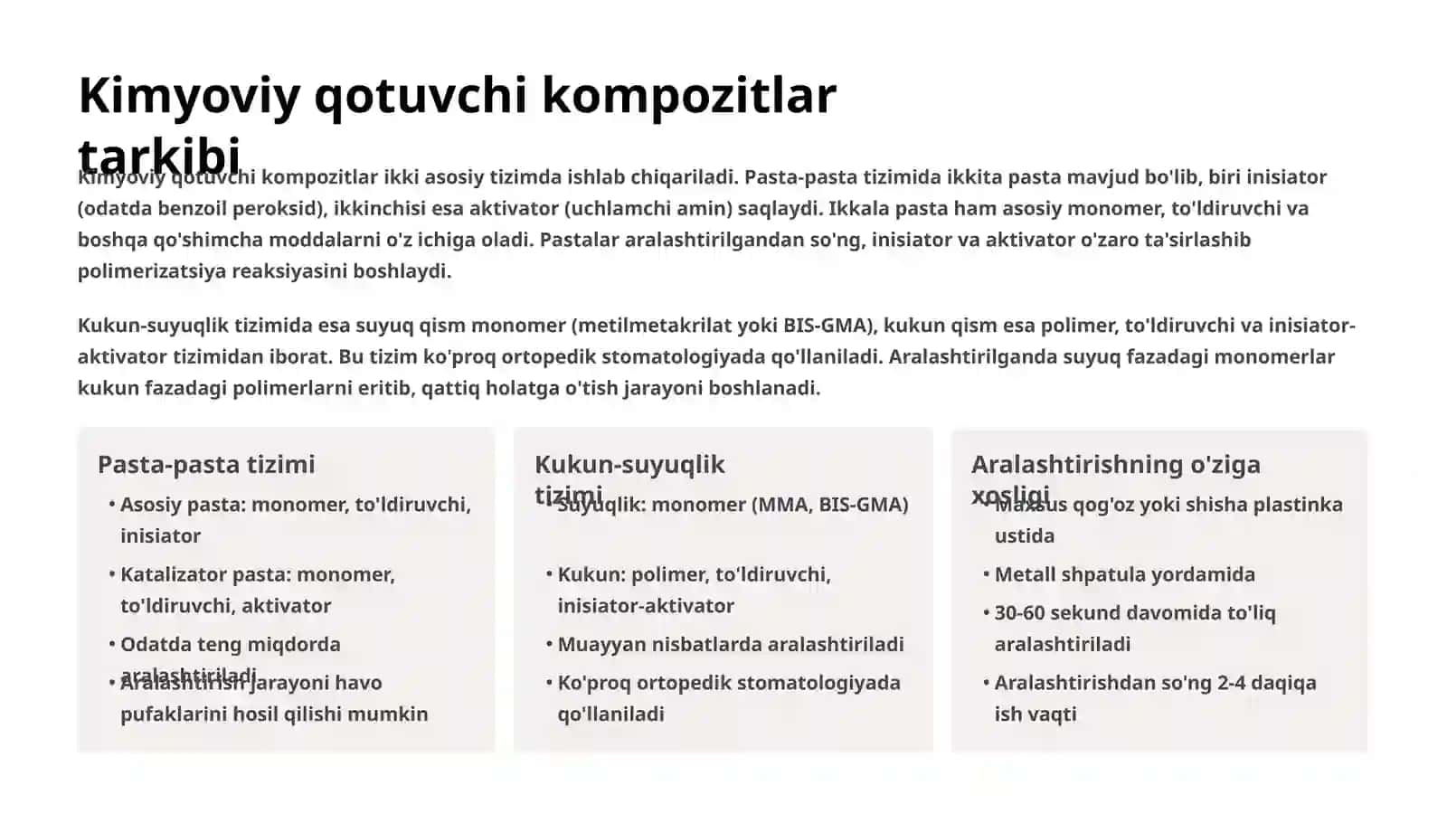 Kimyoviy va nur bilan qotuvchi kompozitlarning polimerizatsiya bosqichining o'ziga xos tomonlari 4