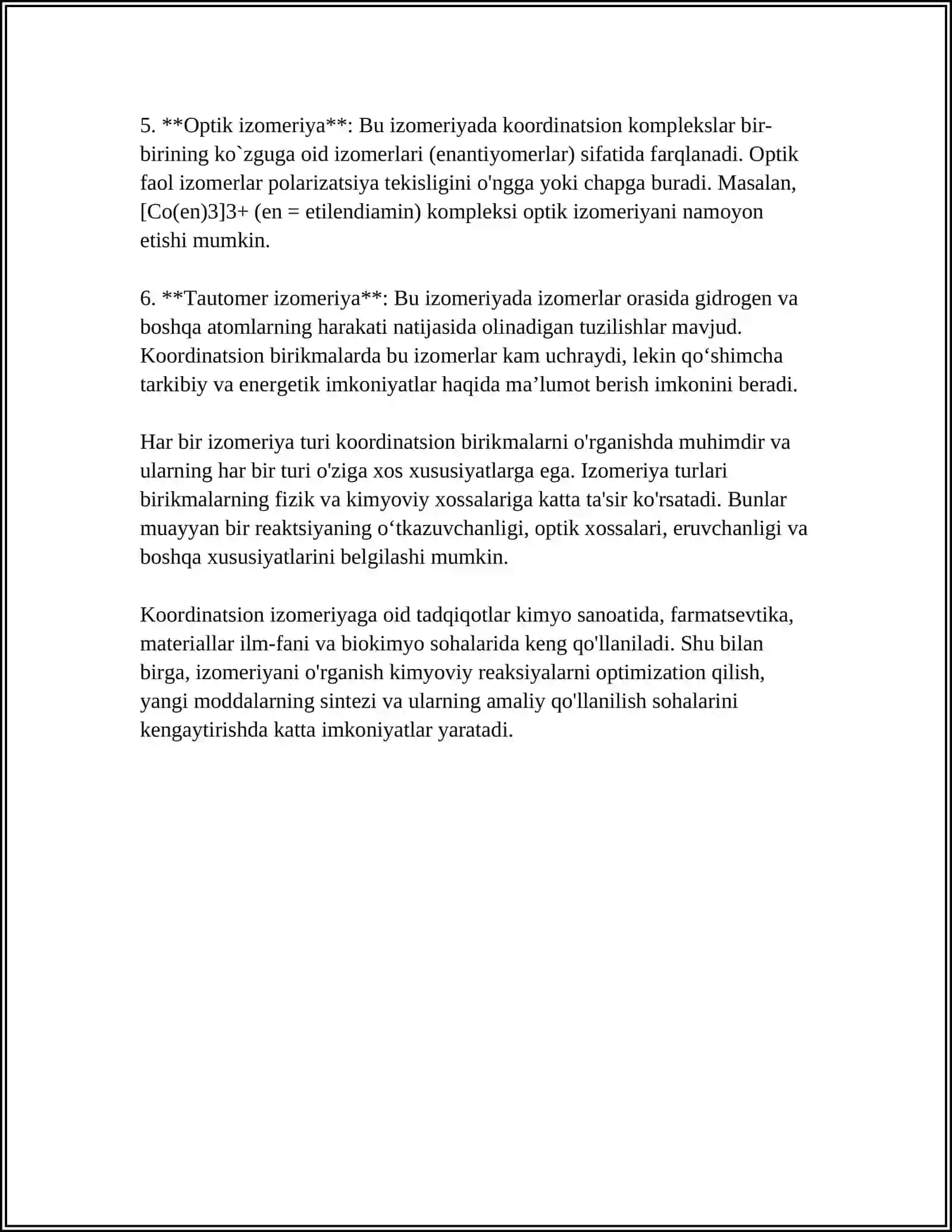 KOMPLEKS BIRIKMALARNING IZOMERIYASI. MARKAZIY IONNING LIGAND BILAN ELEKTROSTATIK TA'SIRLASHUVI 4