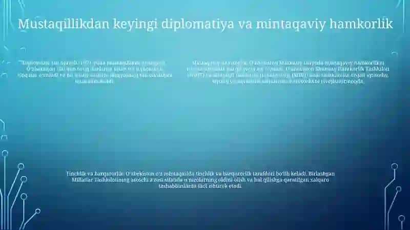 O'Zbekistonning Markaziy Osiyoda Tinchlik Va Barqarorlikni Ta'Minlashdagi O'Rni 4
