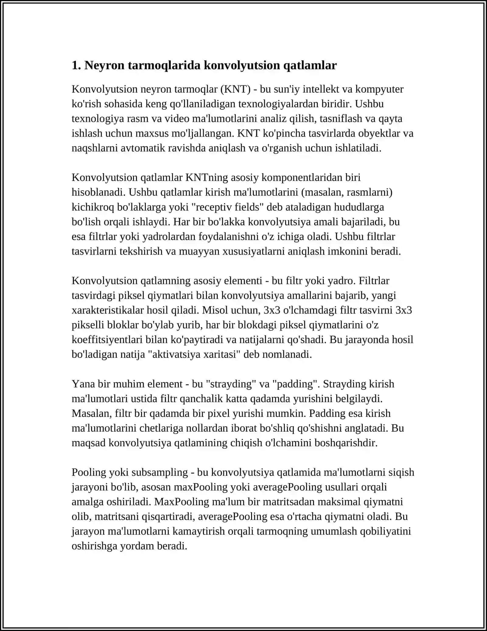 NEYRON TARMOQLARIDA CNN (CONVOLUTIONAL NEURAL NETWORKS) USULIDAN FOYDALANISH 4