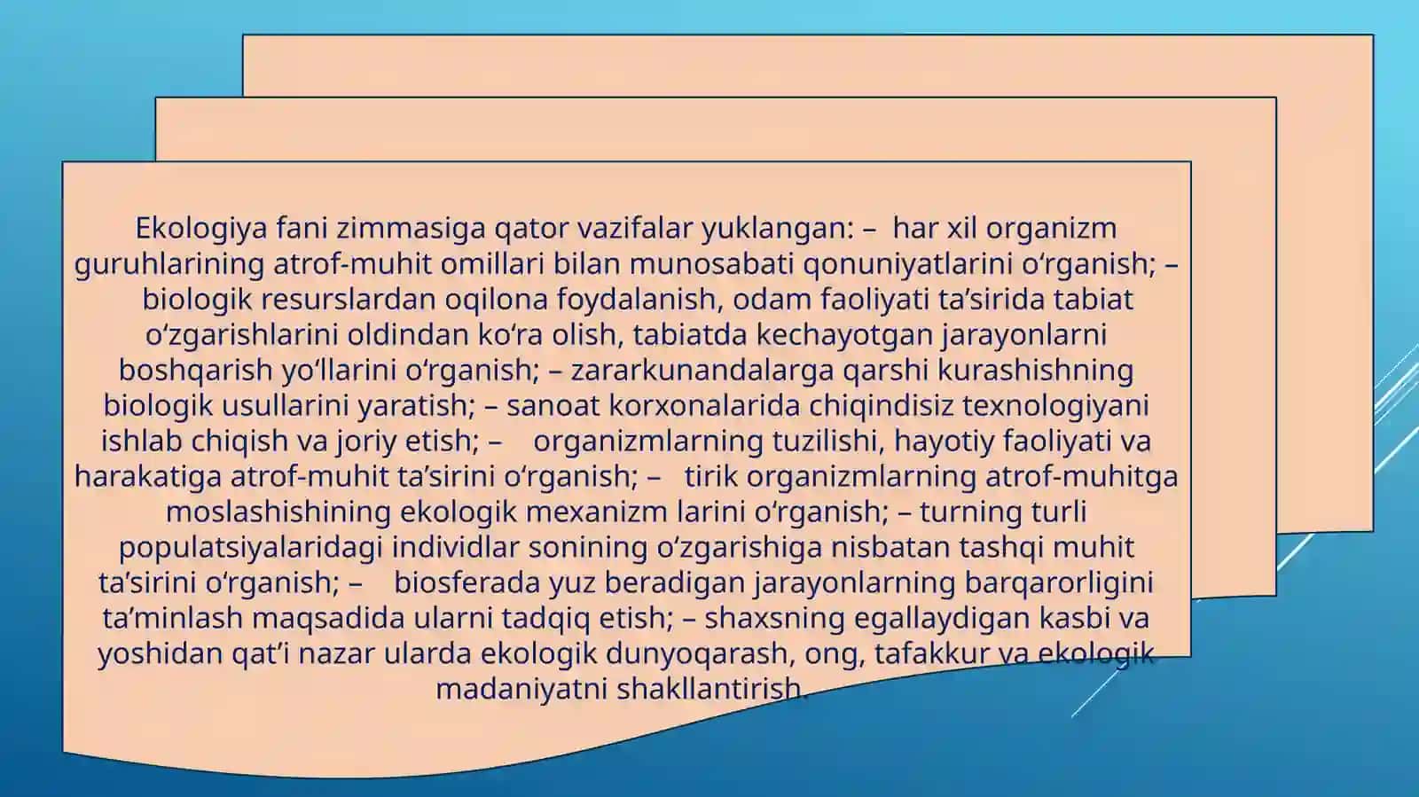 EKOLOGIGYA FANI VA UNING VAZIFALARI, O’RGANISH USULLARI, METODLARI, ASOSIY BO’LIMLARI 4