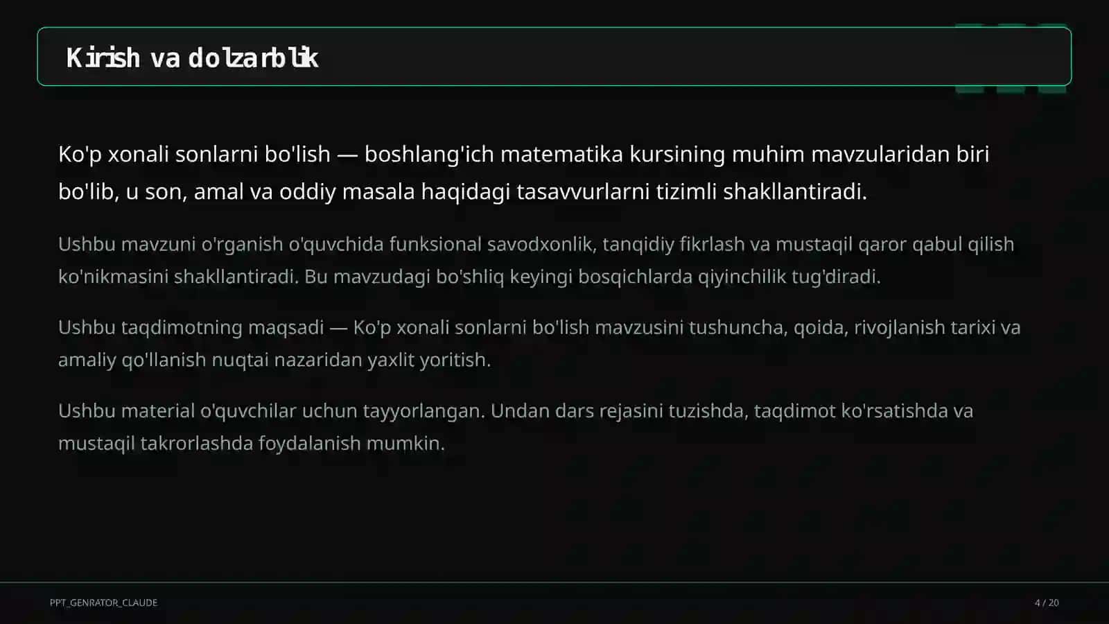 Ko'p xonali sonlarni bo'lish (4-sinf) 4