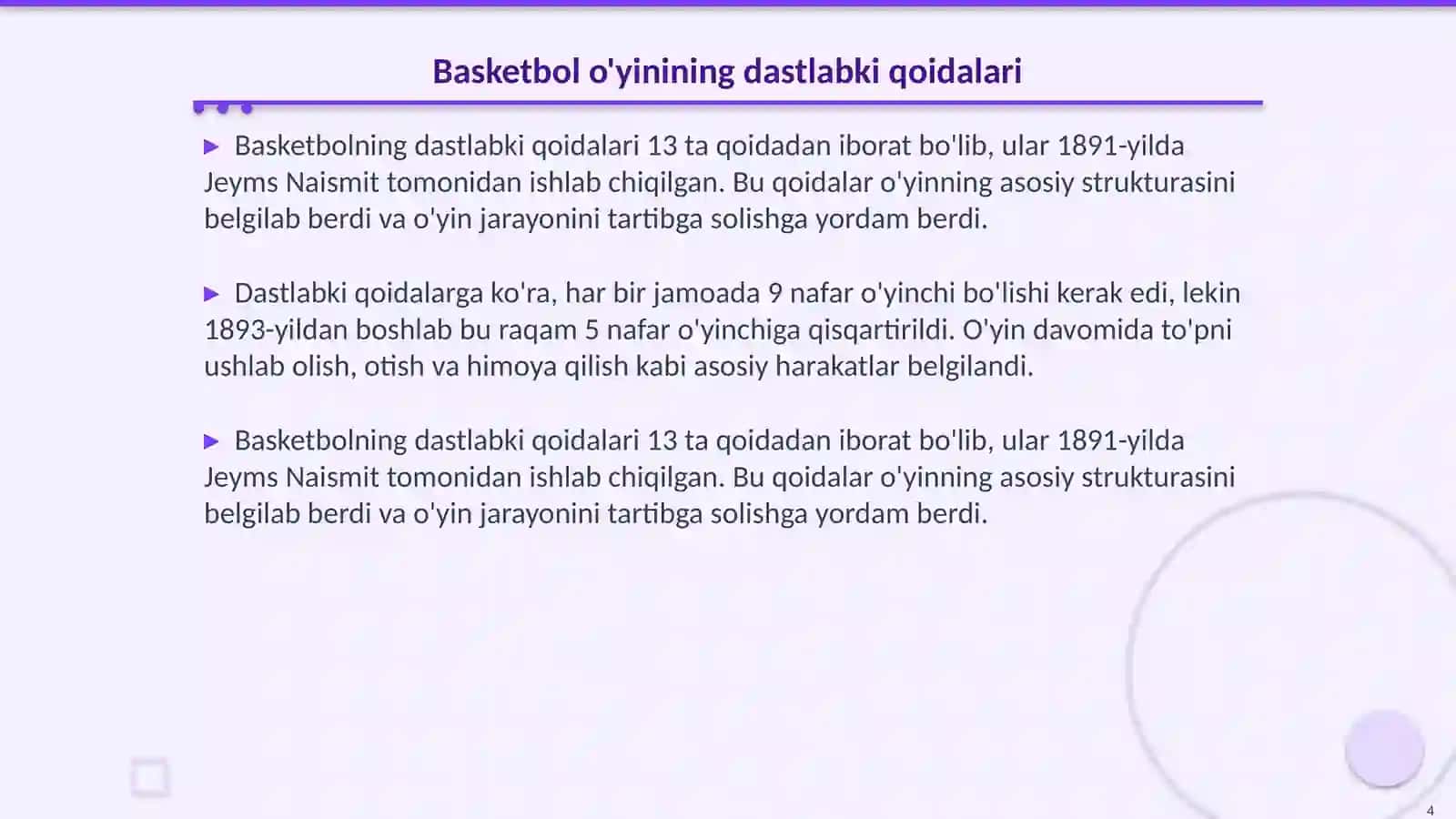 Basketbol o'yini kelib chiqishi va rivojlanishi tarixi 4