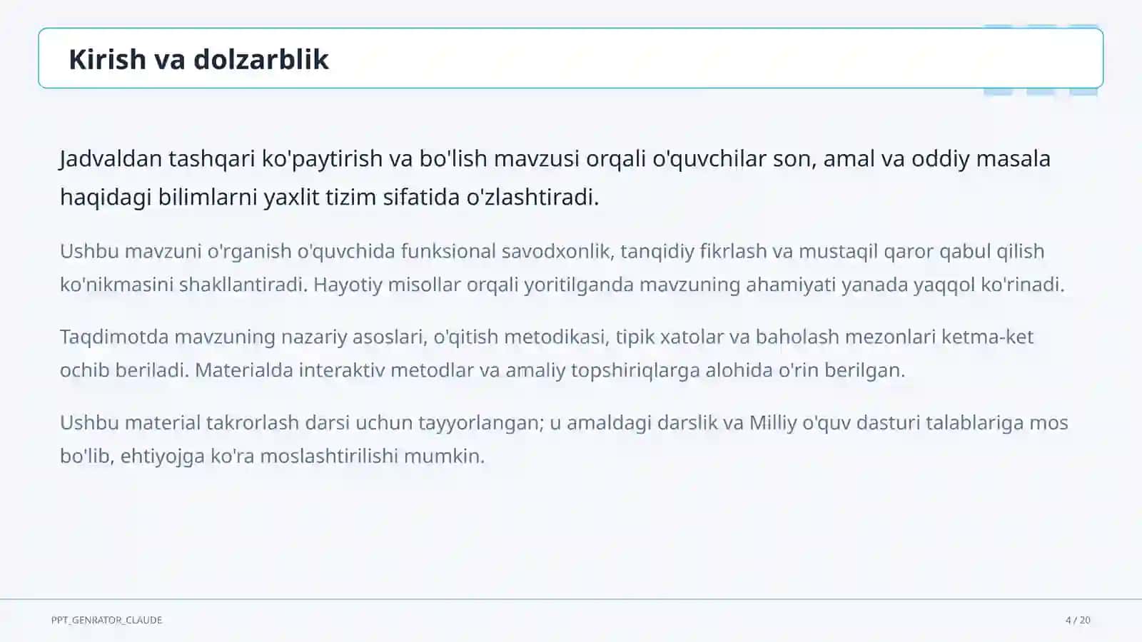 Jadvaldan tashqari ko'paytirish va bo'lish (3-sinf) 4