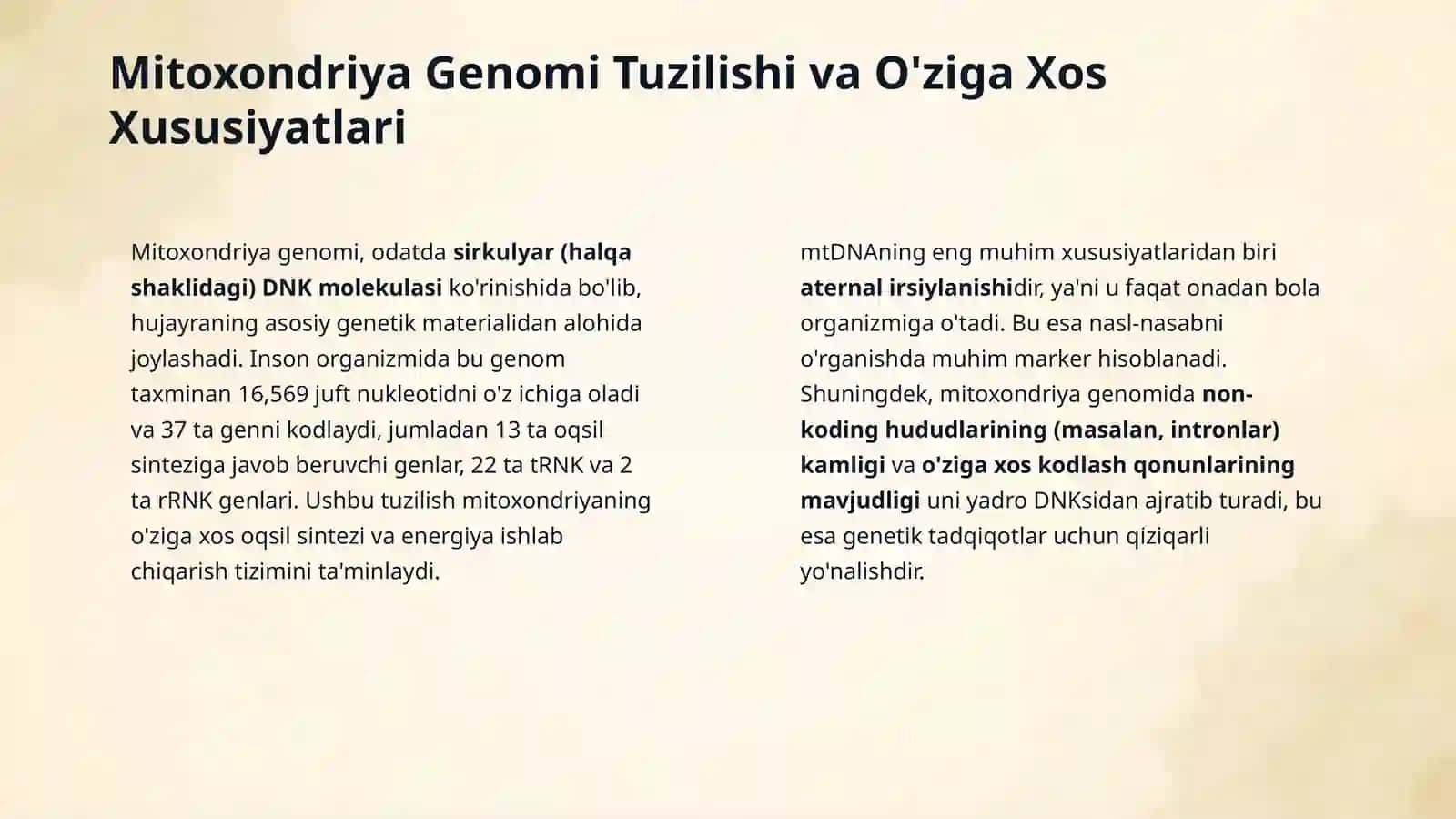 Mitoxondiriya genomi.Transkripsiya va translyatsiya bosqichlari.Start va stop kodonlar, information RNK,ribosoma va uning subbirliklari,initsiatsiyasi,elongatsiya va terminatsiya omillari.Bakteriya,bir hujayrali eukaroit umurtqasiz va umurtqali hayvonlar, ósimliklar genomlari tuzilishi bir-biridan farqi qiluvchi xususiyatlari 4
