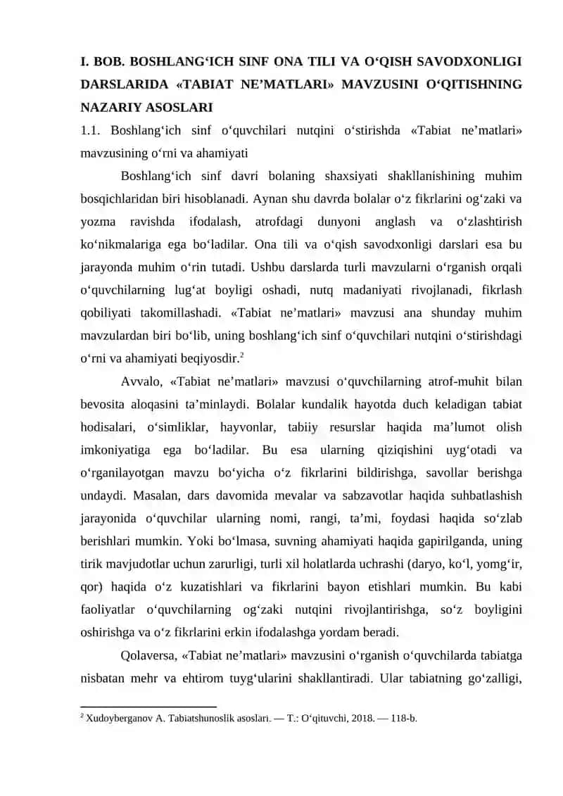 BOSHLANG‘ICH SINF ONA TILI VA O‘QISH SAVODXONLIGI DARSLARIDA «TABIAT NE'MATLARI» MAVZUSINI O‘RGANISH. 4
