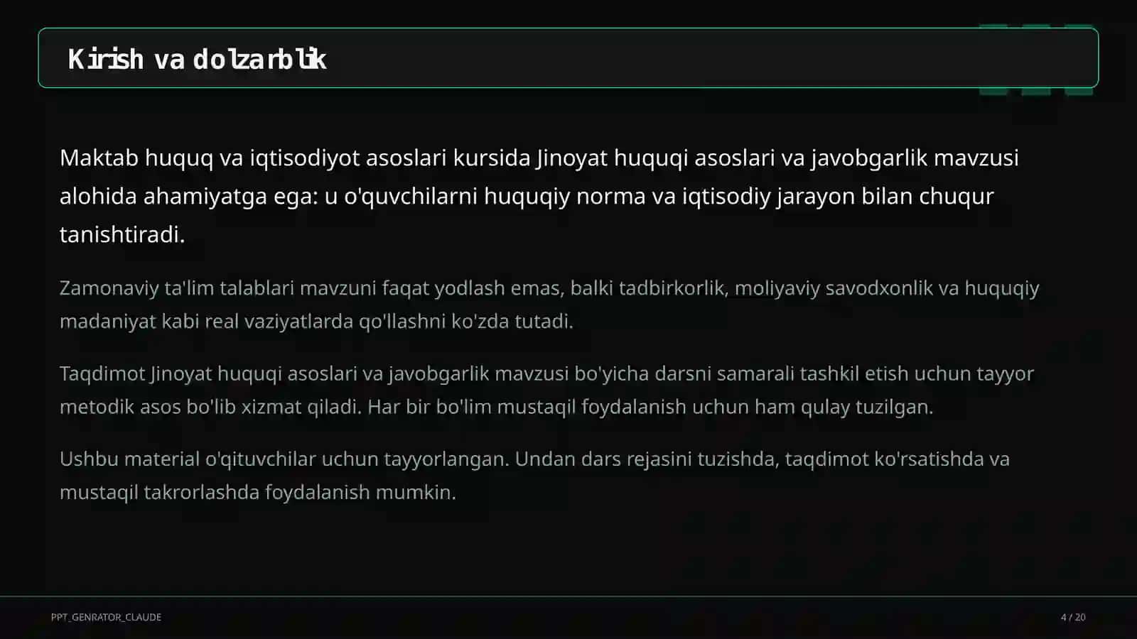 Huquq va iqtisodiyot asoslari (9–11) — o'qituvchilar uchun 4