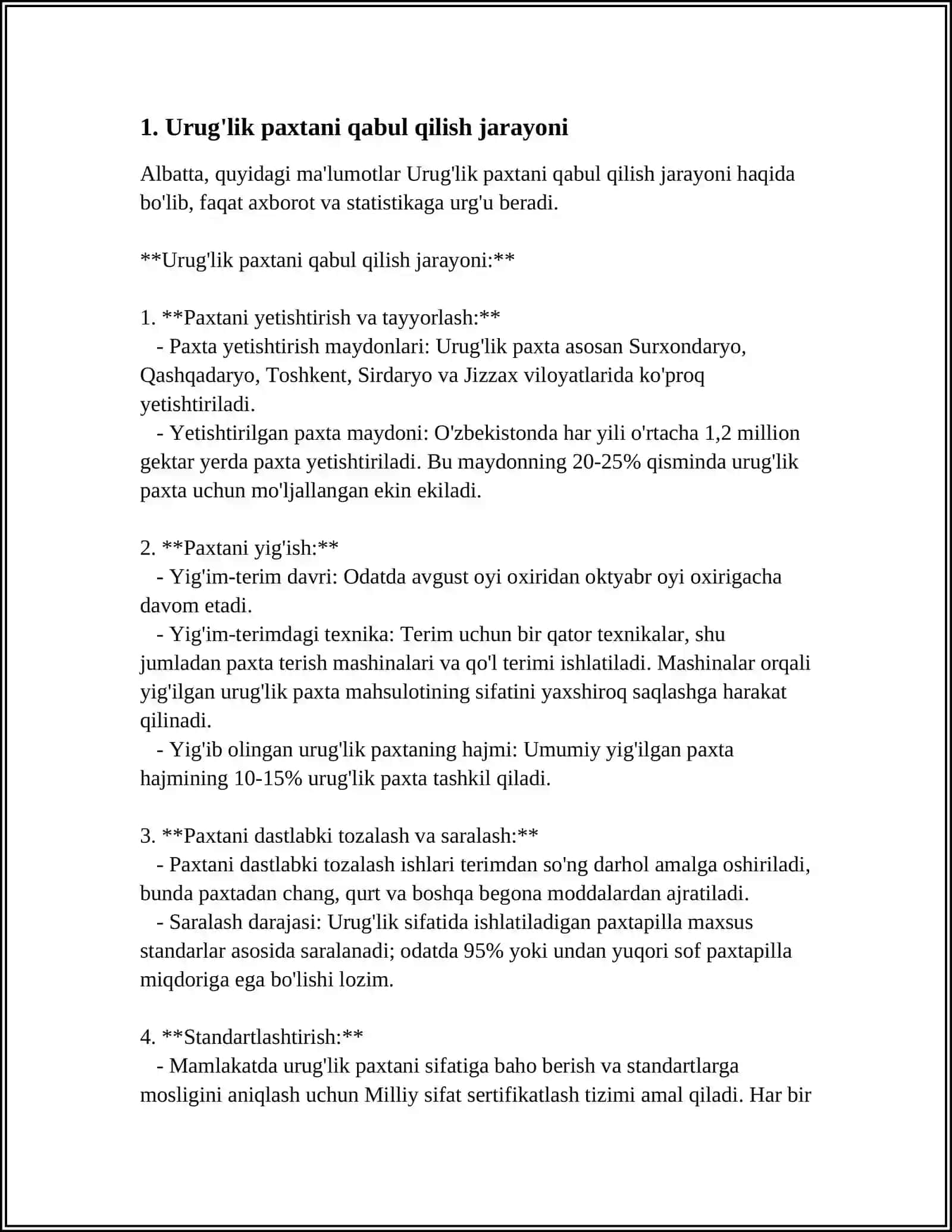 TAYYORLOV MASKANLARIDA URUG'LIK PAXTANI QABUL QILISH 4