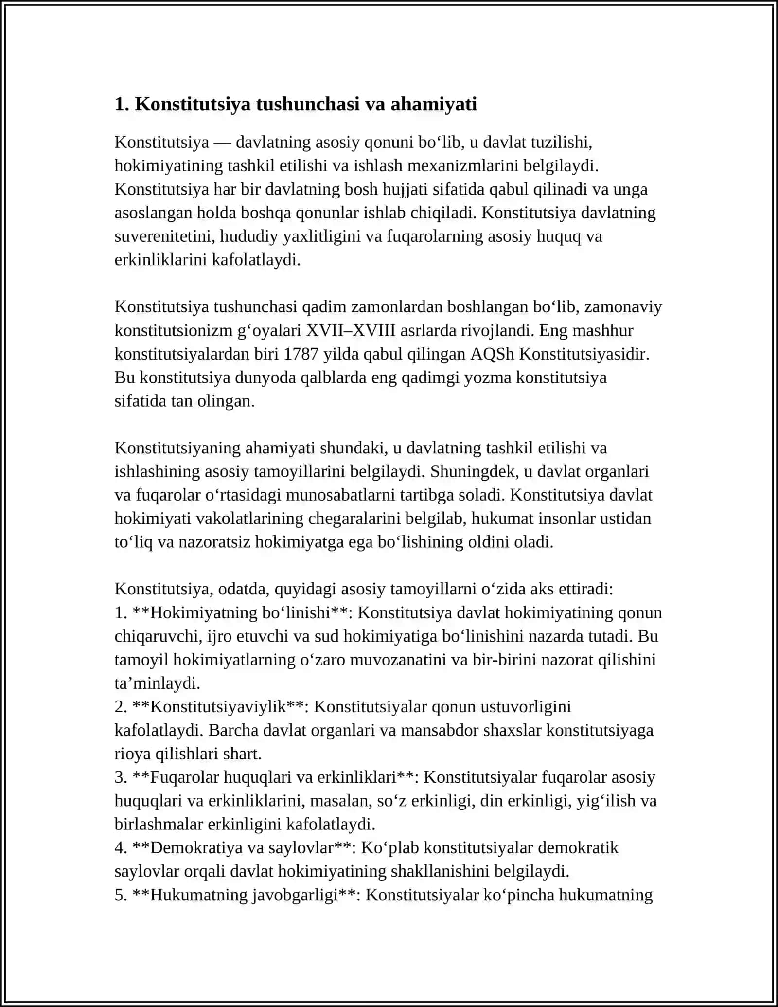 KONSTITUTSIYA TUSHUNCHASI, MOHIYATI VA BELGILARI.KONSTITUTSIYALARNING FUNKSIYALARI VA ULARNING TURLARI 4