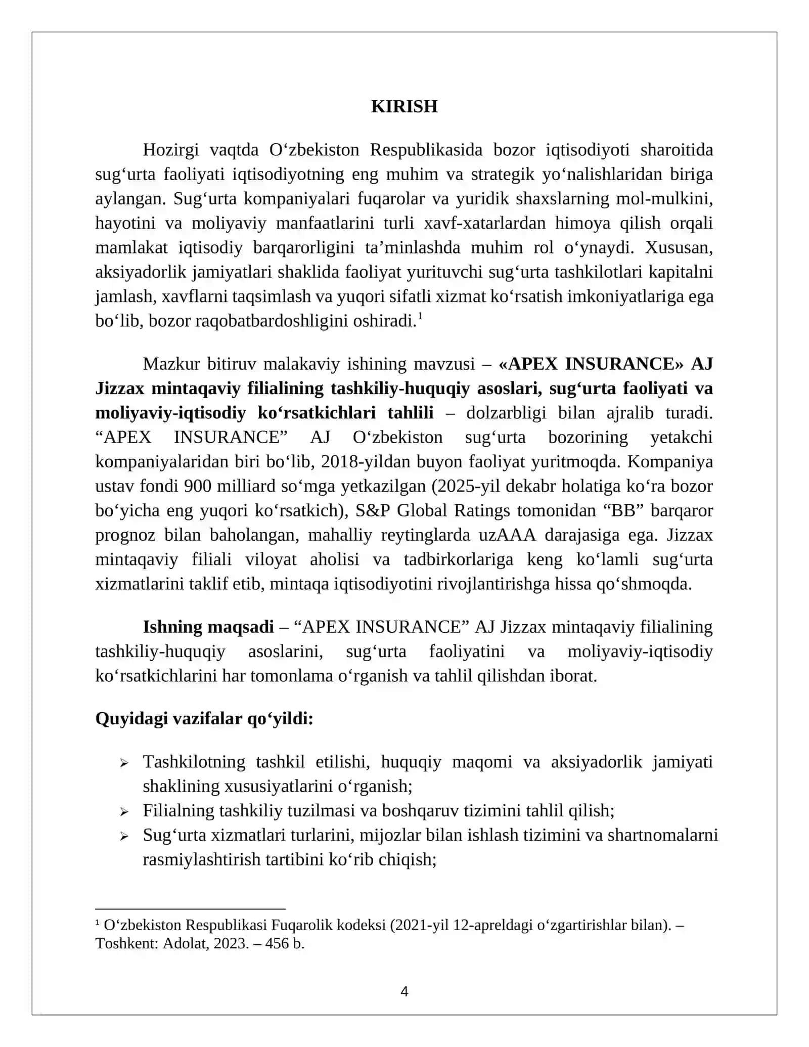 SUGʻURTA xizmatlarini koʻrsatuvchi AJ boʻyicha tayyorlangan Amaliyot hisoboti. 4