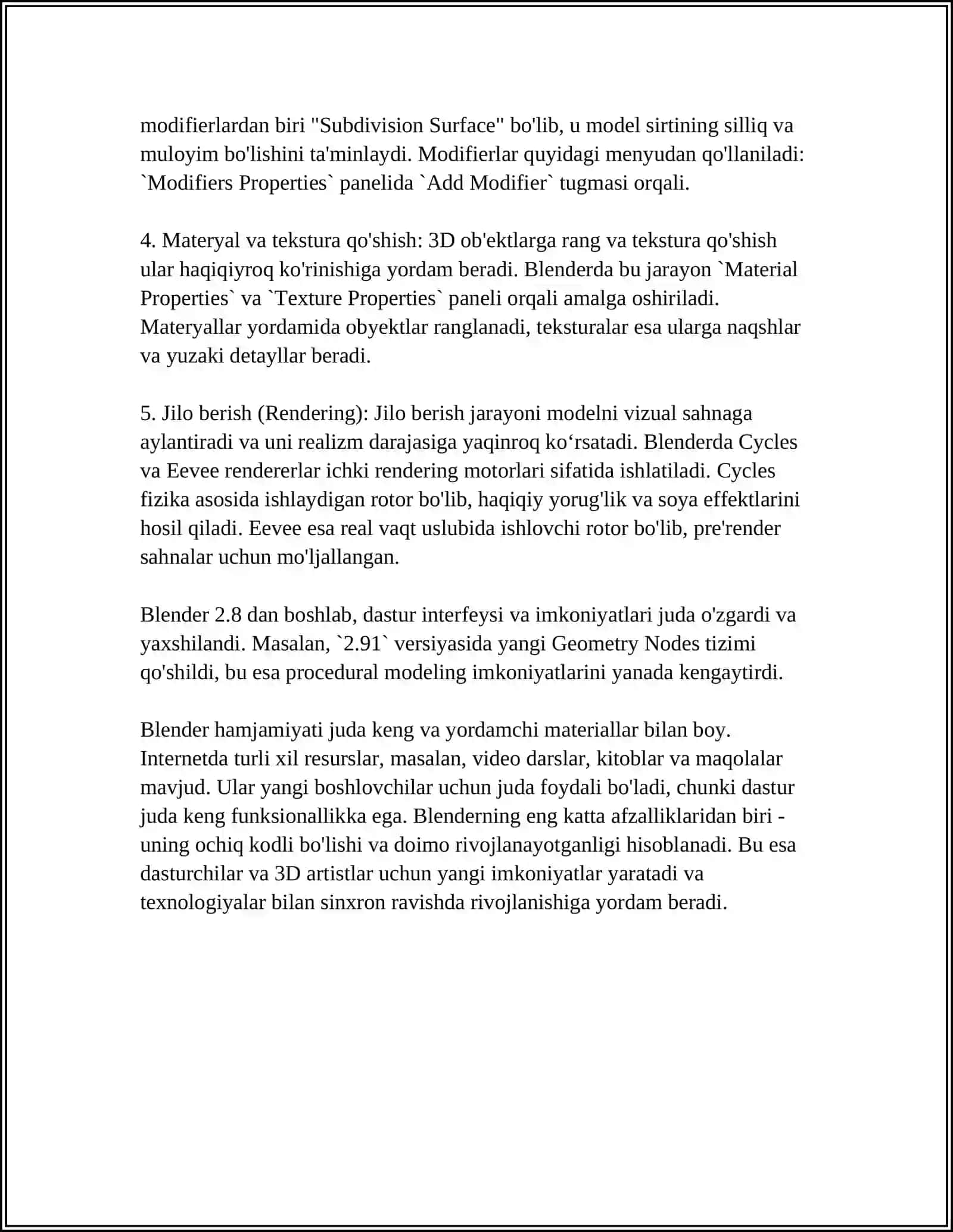 BLENDER DASTURIDA OBʼEKTLARNI MODELLASHTIRISH IMKONIYATLARI 4
