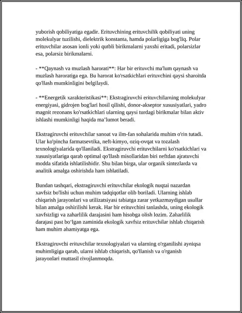 EKSTRAGIRLOVCHI ERITMALAR (ORGANIK ERITUVCHILAR) TURLARI VA ULARNING XUSUSIYATLARI 4
