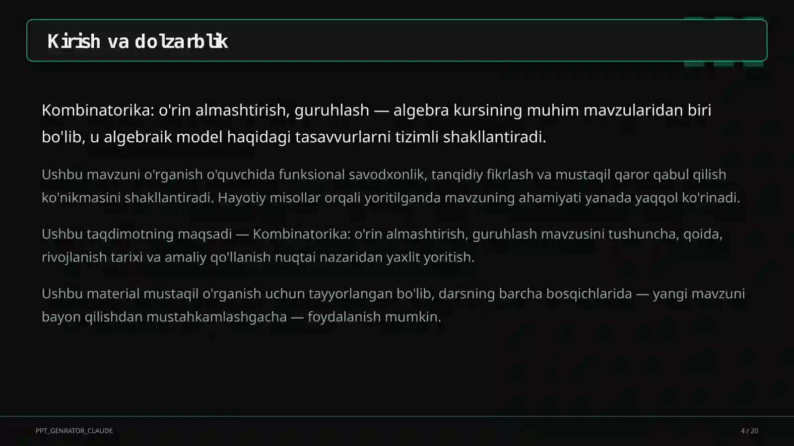 Kombinatorika: o'rin almashtirish, guruhlash (9-sinf) 4