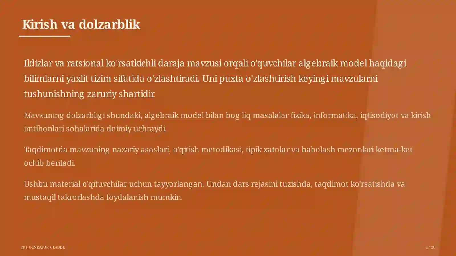 Algebra (7-11) O'qitilishi - O'qituvchilar uchun 4