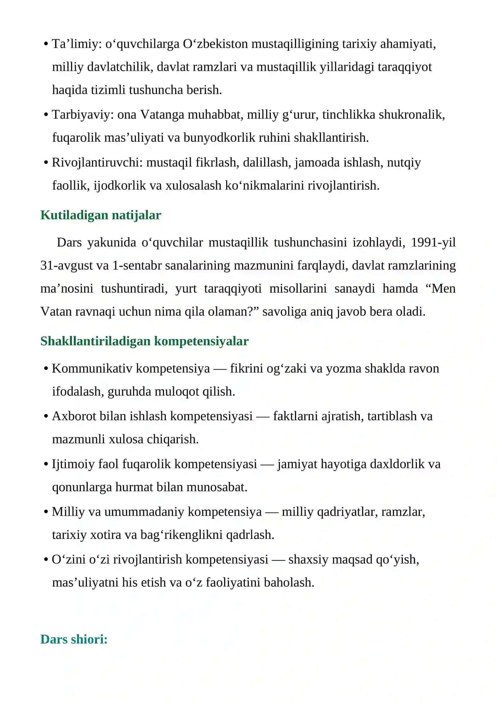7-sinf Mustaqillikning 35 yilligiga bag‘ishlangan ochiq dars ishlanmasi — 2026 4