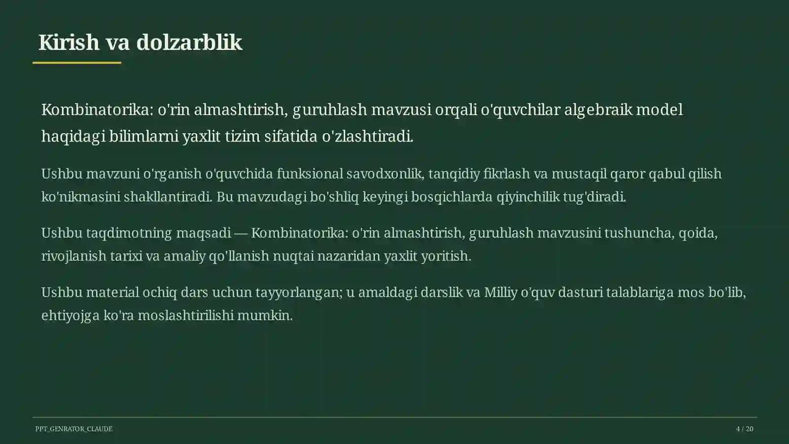 Kombinatorika: o'rin almashtirish, guruhlash (9-sinf) 4