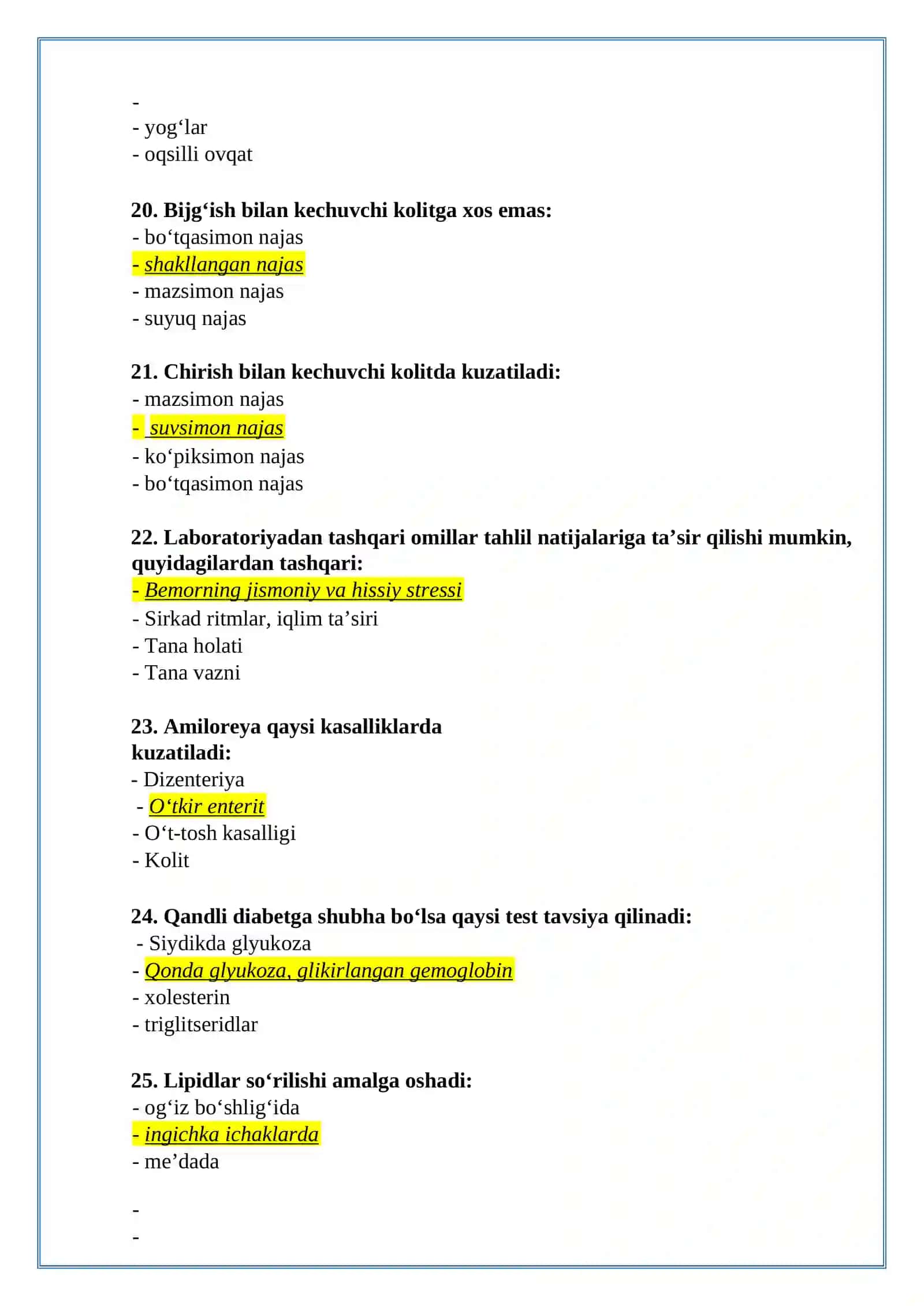 Klinik laboratoriya diagnostikasi test savollari ro’yxati (2026-yil) 4