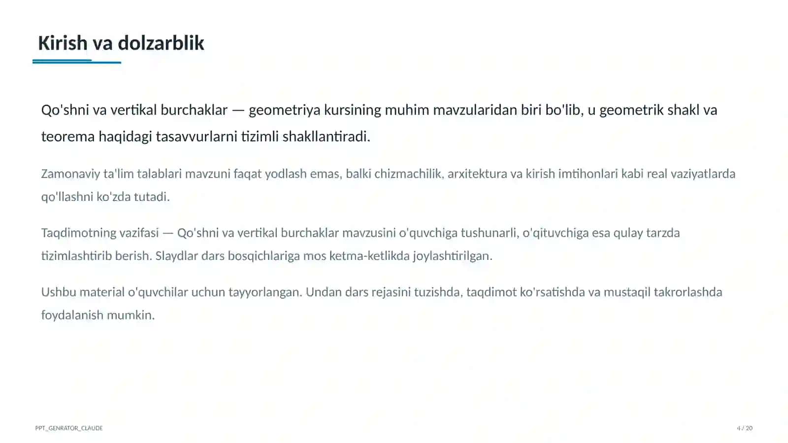 Qo'shni va vertikal burchaklar (7-sinf) 4