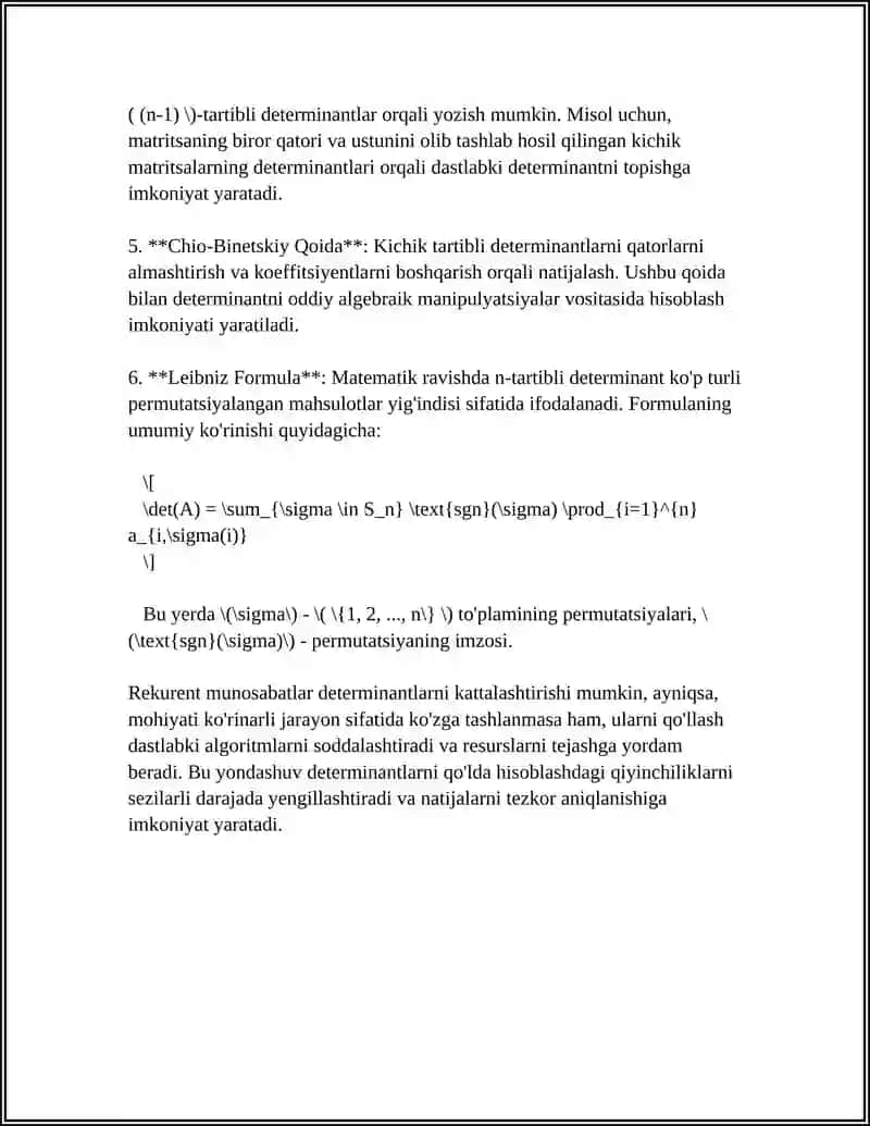 N TARTIBLI DETERMINANTLARNI HISOBLASHNING BAZI USULLARI. REKURENT MUNOSABAT ORQALI 4