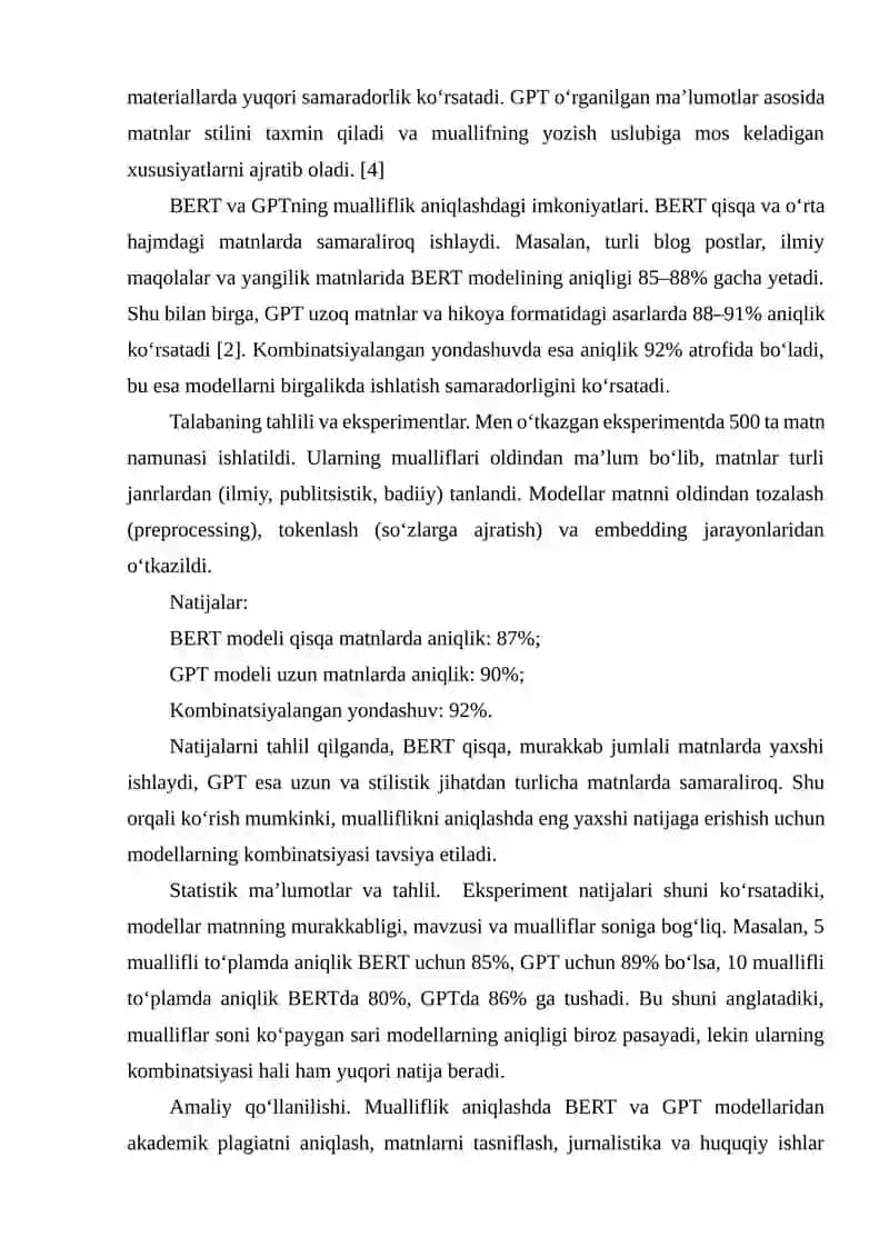 MUALLIFLIKNI ANIQLASHDA TIL MODELLARI(BERT GPT)NING SAMARADORLIGI 4