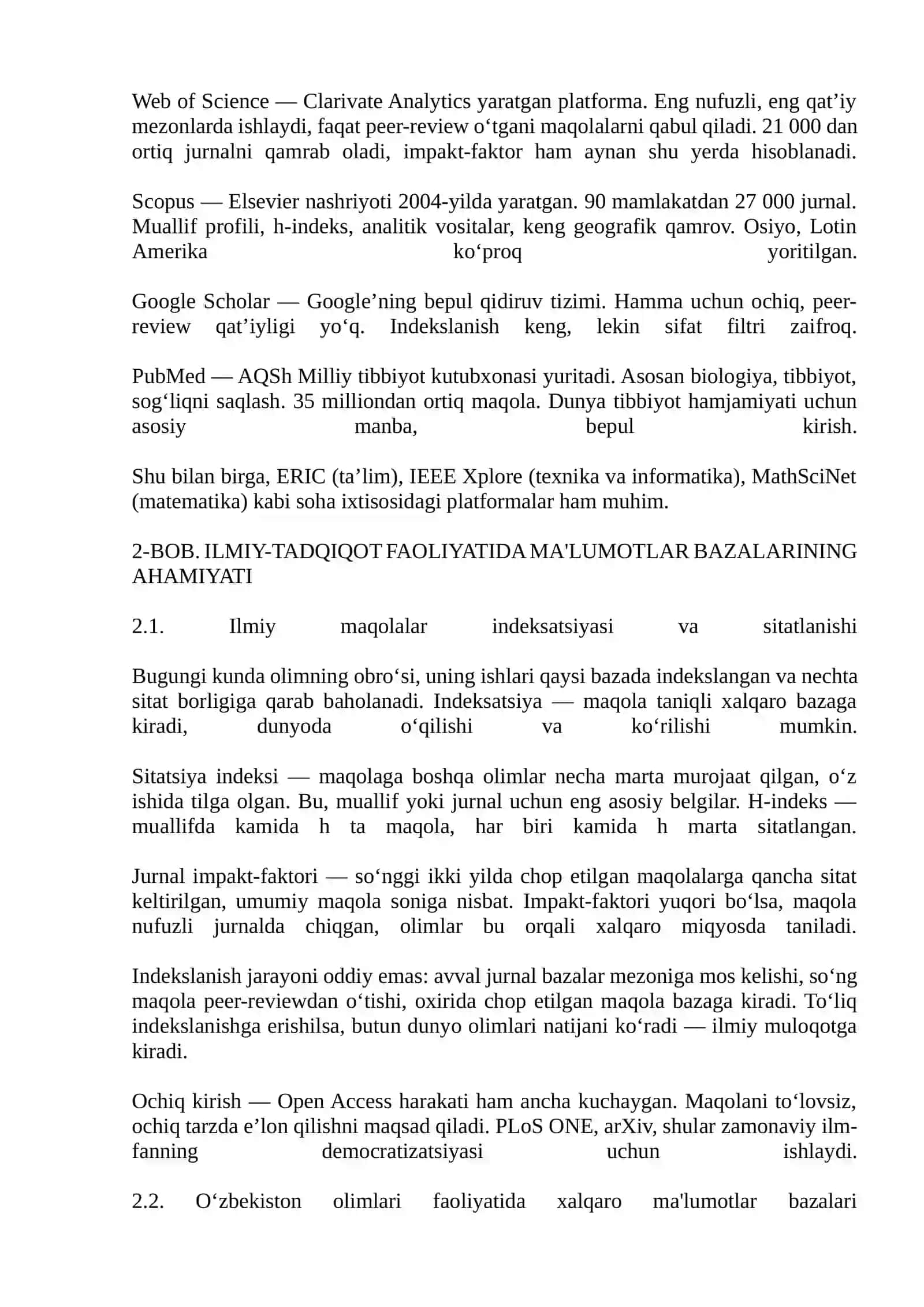 Xalqaro ilmiy-texnik ma’lumotlar bazalari va ularning zamonaviy ilmiy-tadqiqot faoliyatidagi o‘rni 4