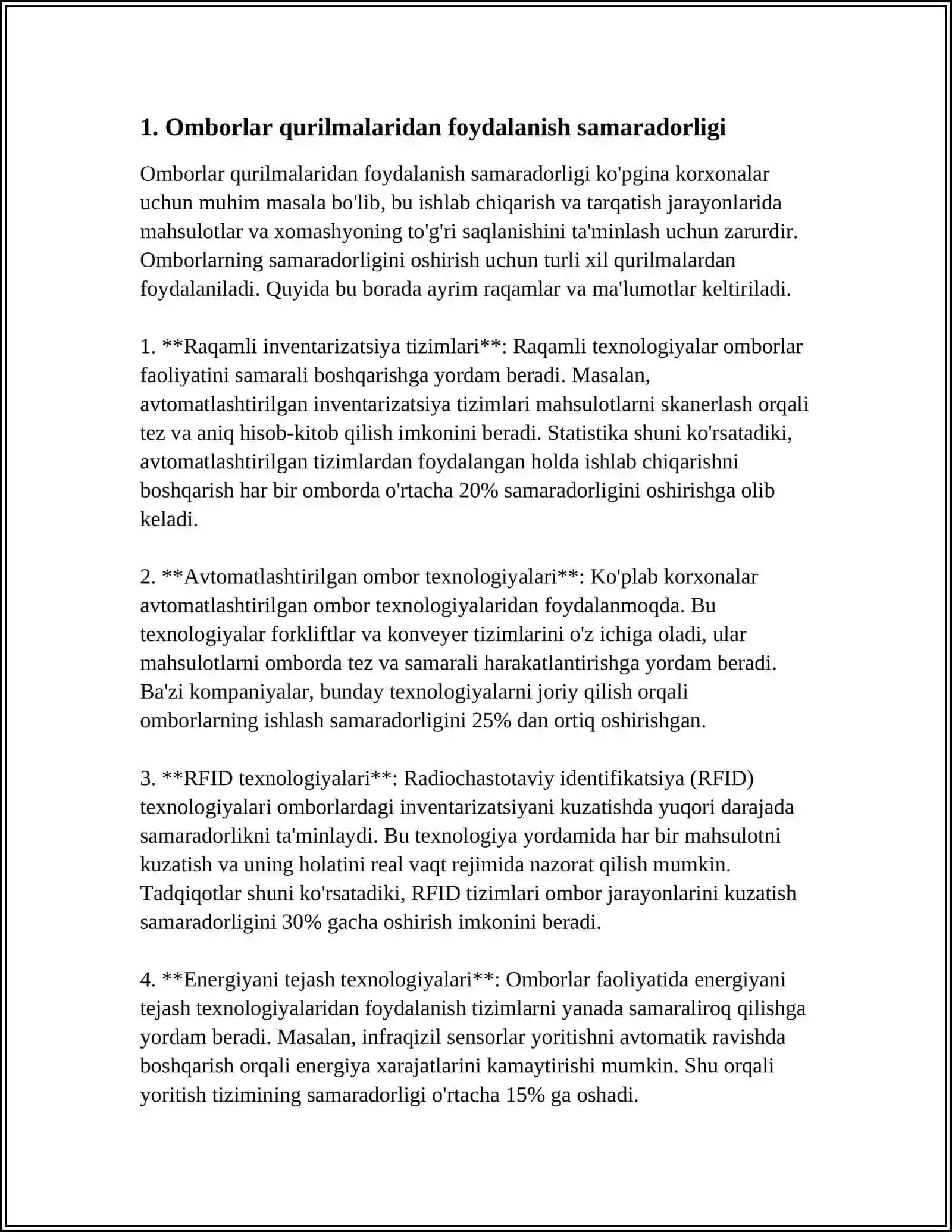 OMBORLAR QURILMALARIDAN FOYDALANISH KOʼRSATKICHLARI VA ULARNING IQTISODIY SAMARADORLIGI 4