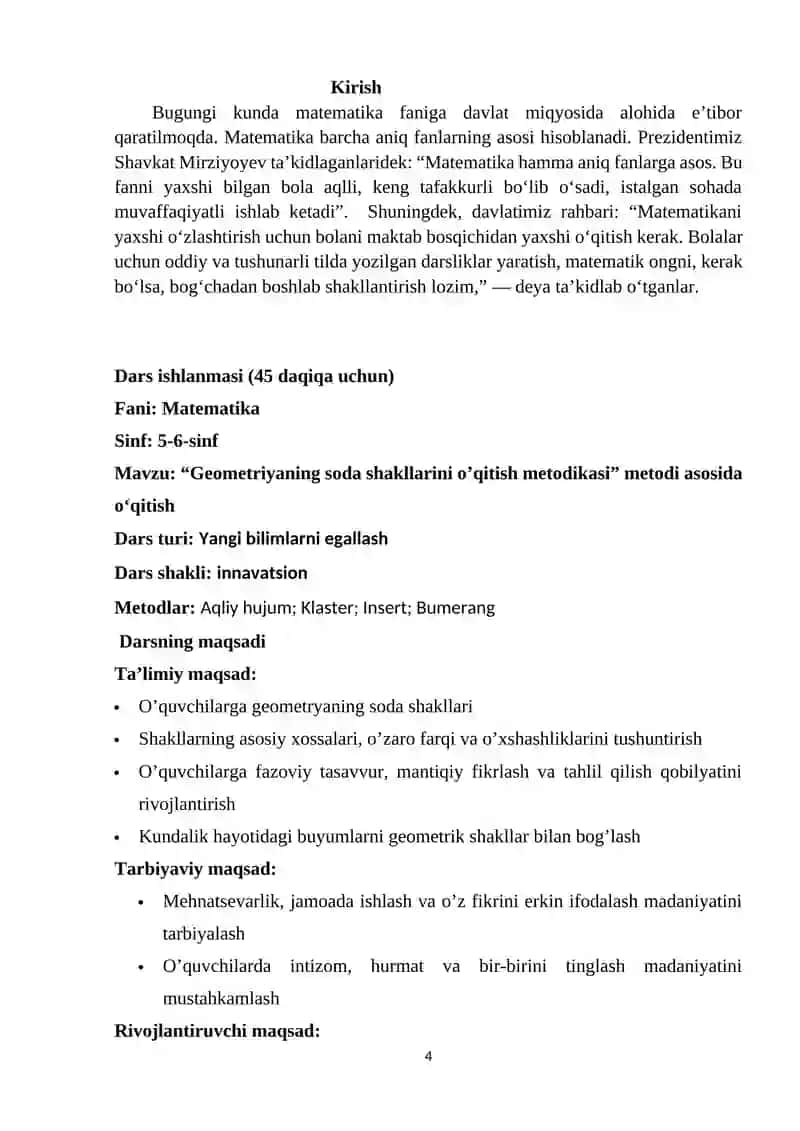 5-6-sinflarda geometriyaning sodda shakllarini o’qitish metodikasi Mikrodars 4
