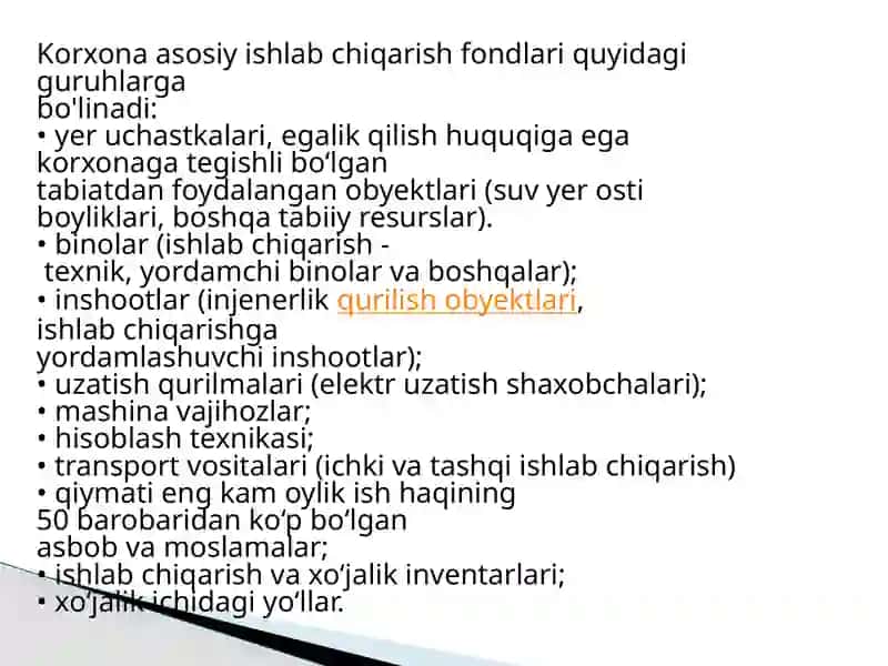 Asosiy fondlarning turlari tarkibi va ko'rsatkichlari 4