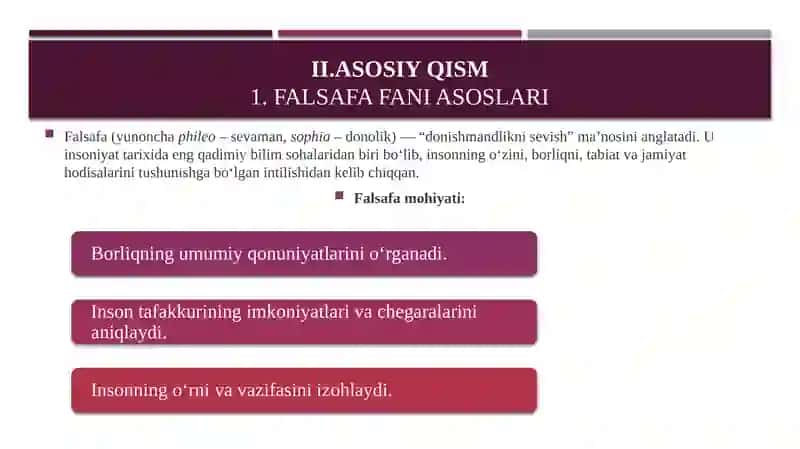 FALSAFA FANI ASOSLARI VA UNING MAQSAD VA VAZIFALARI DUNYOQARASH SHAKILLARI 4