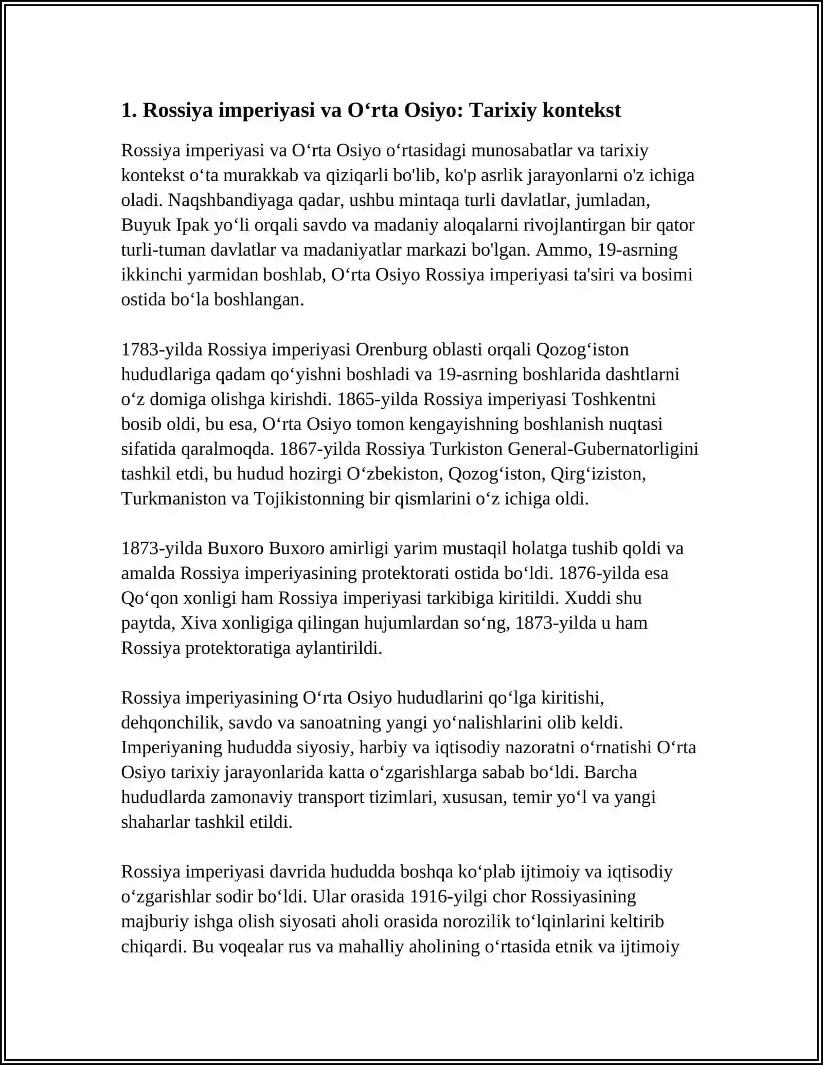 OʻRTA OSIYODA RUS BOSQINI DAVRIDA MADANIY BOYLIKLARNI TALON TAROJ QILINISHI HAQIDA REFERAT YOZISH 4