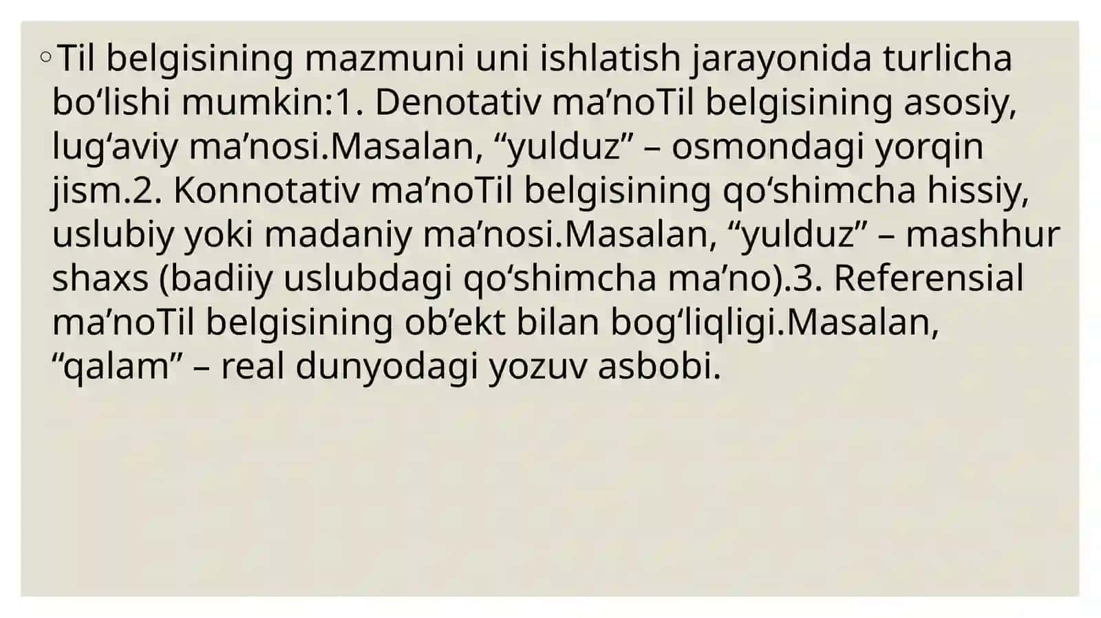 Til belgilarining ma’no va mazmuniga ko’ra farqlanishi 4