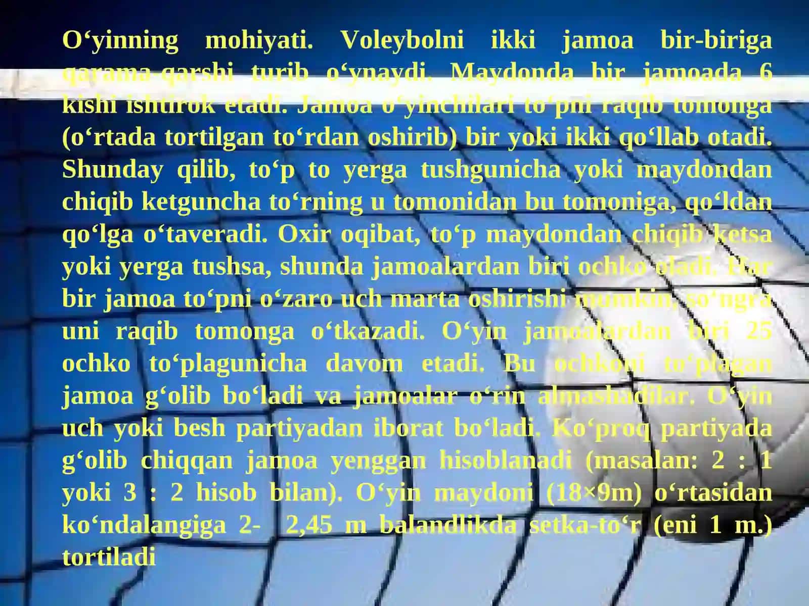 JISMONIY TARBIYA VA OLIMPIYA TARIXI FANIDAN SPORTNING VALEYBOL TURIDAN MUSTAQIL ISH 4